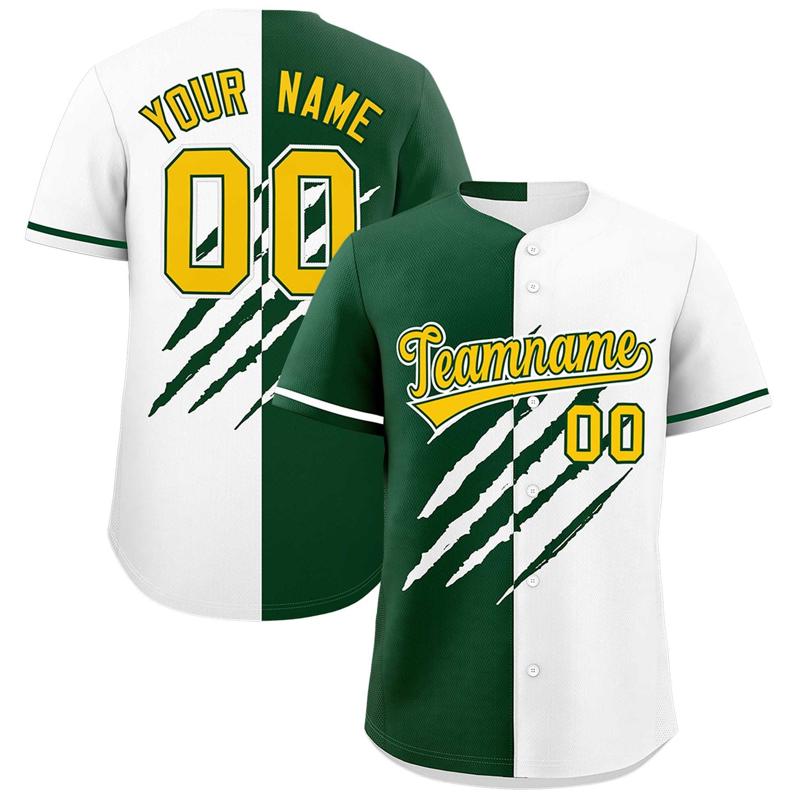 Custom Green White Split Tiger Claw Scratch Pattern Baseball Jersey