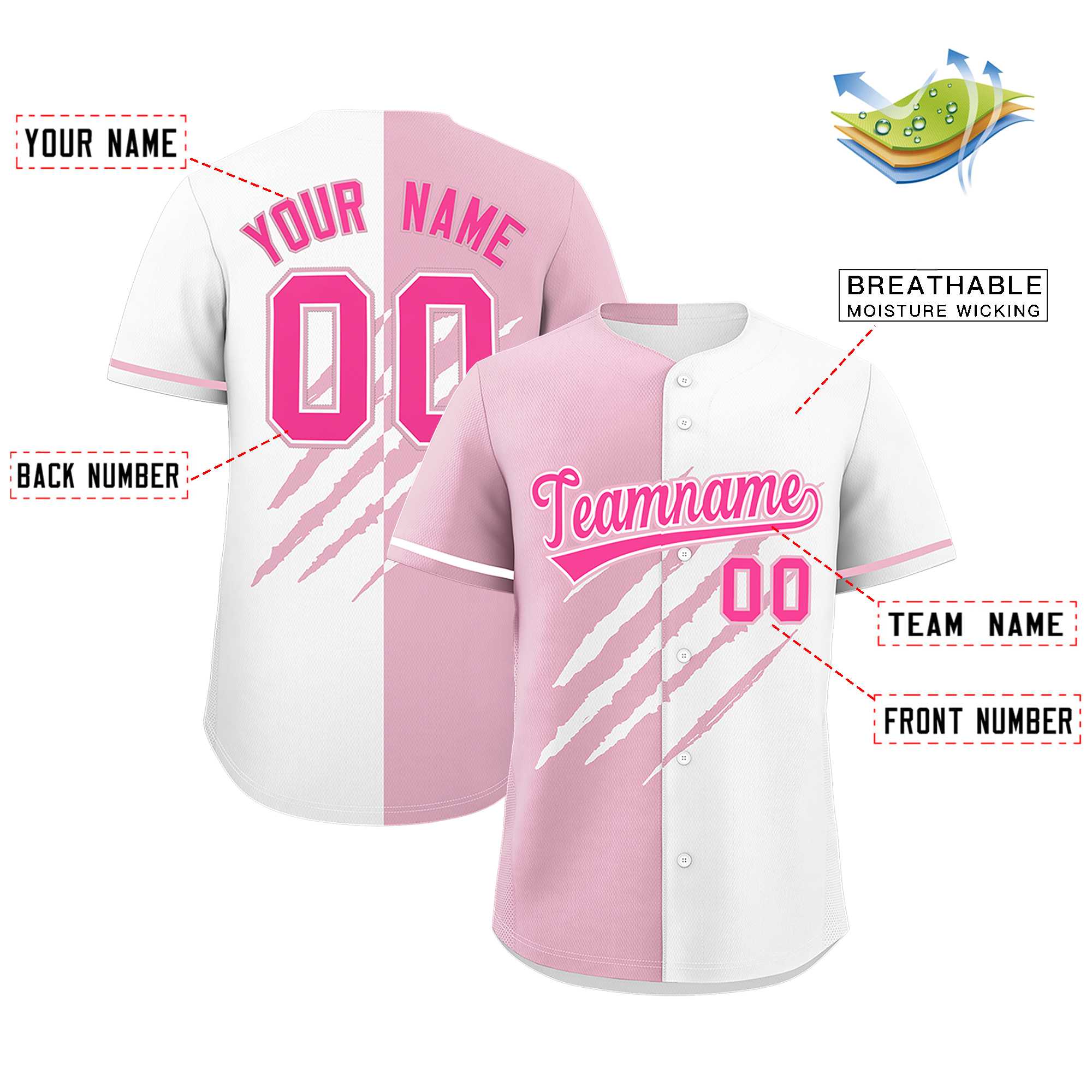 Custom Light Pink White Split Tiger Claw Scratch Pattern Baseball Jersey