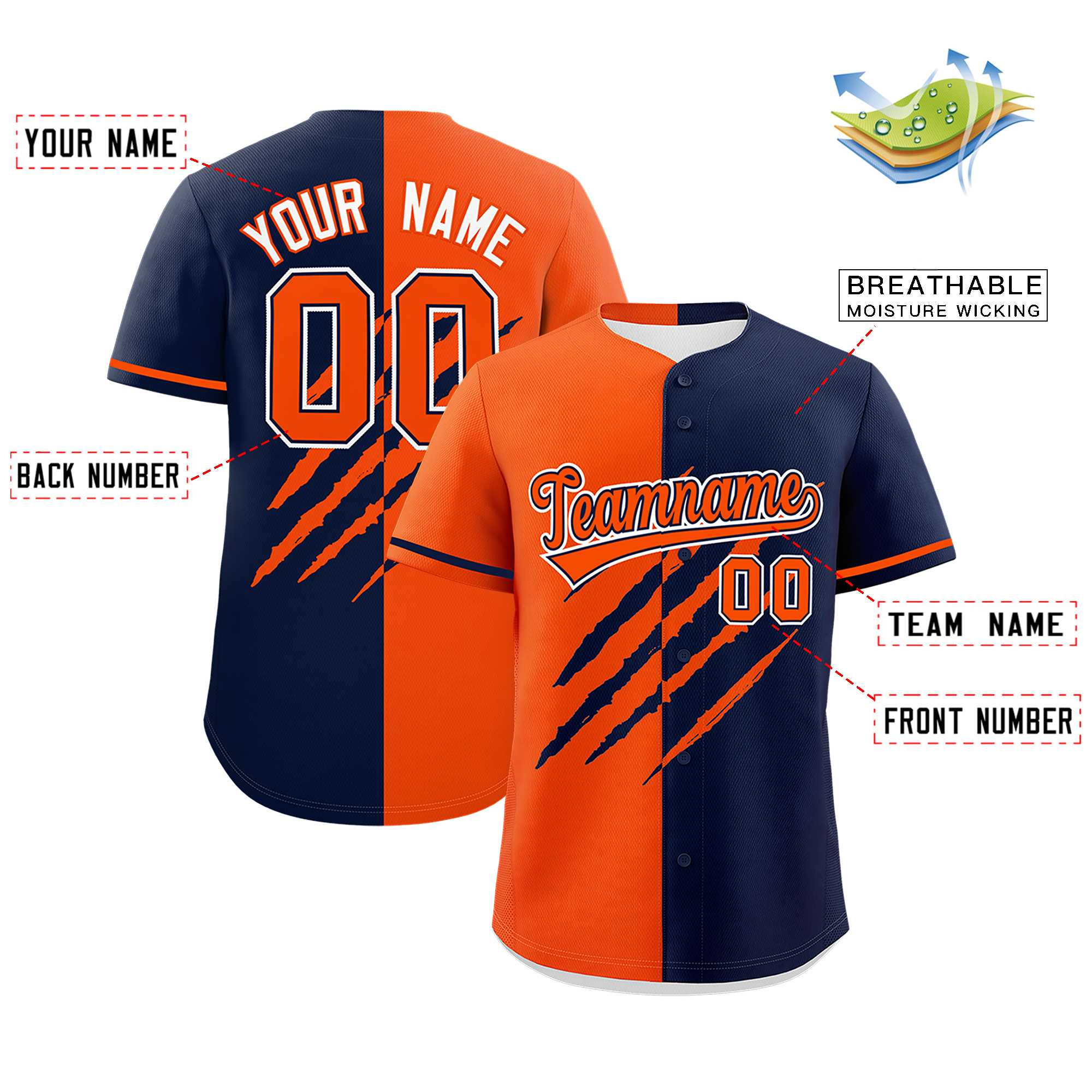 Custom Orange Navy Split Tiger Claw Scratch Pattern Baseball Jersey
