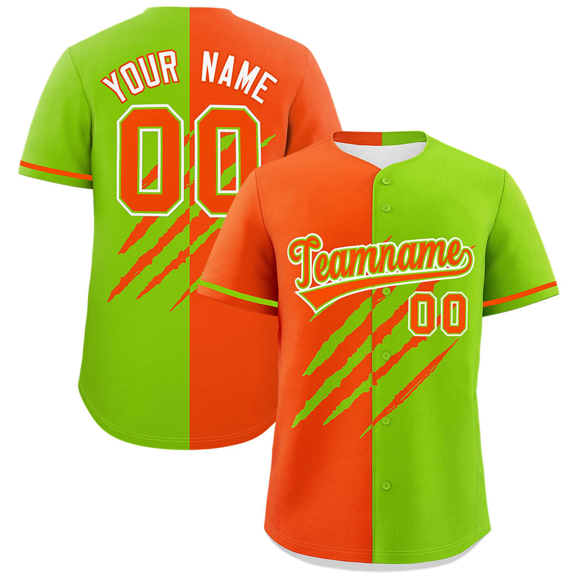 Custom Orange Neon Green Split Tiger Claw Scratch Pattern Baseball Jersey