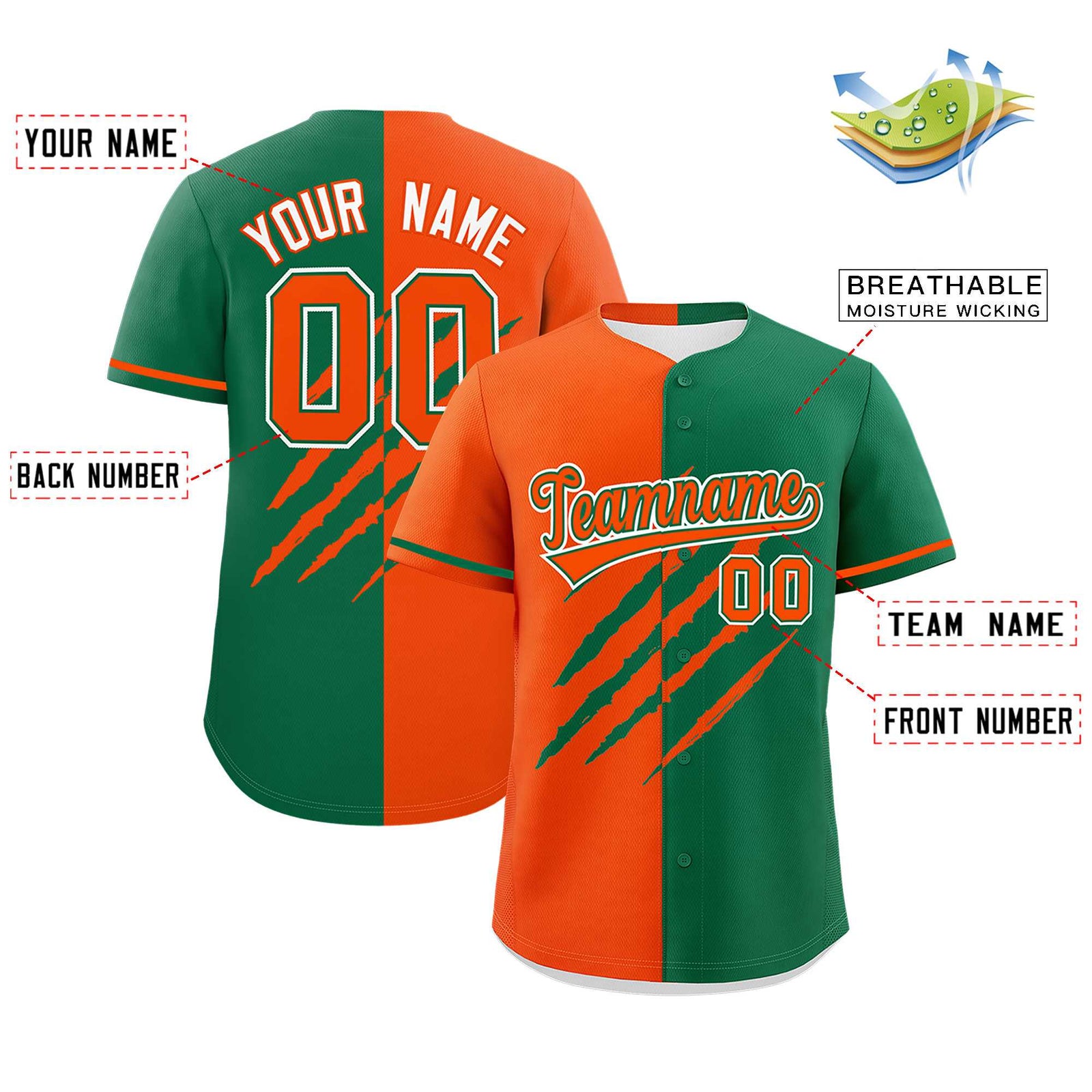 Custom Orange Kelly Green Split Tiger Claw Scratch Pattern Baseball Jersey