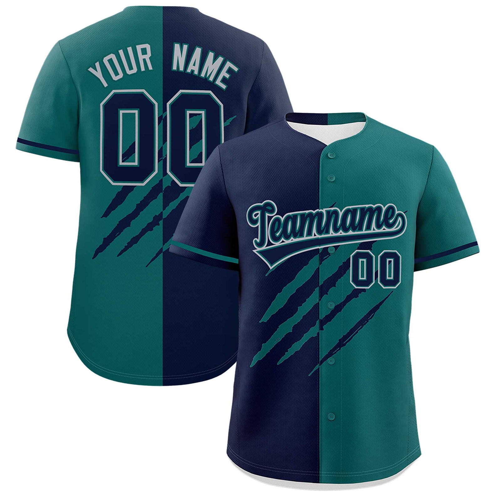 Custom Navy Teal Split Tiger Claw Scratch Pattern Baseball Jersey