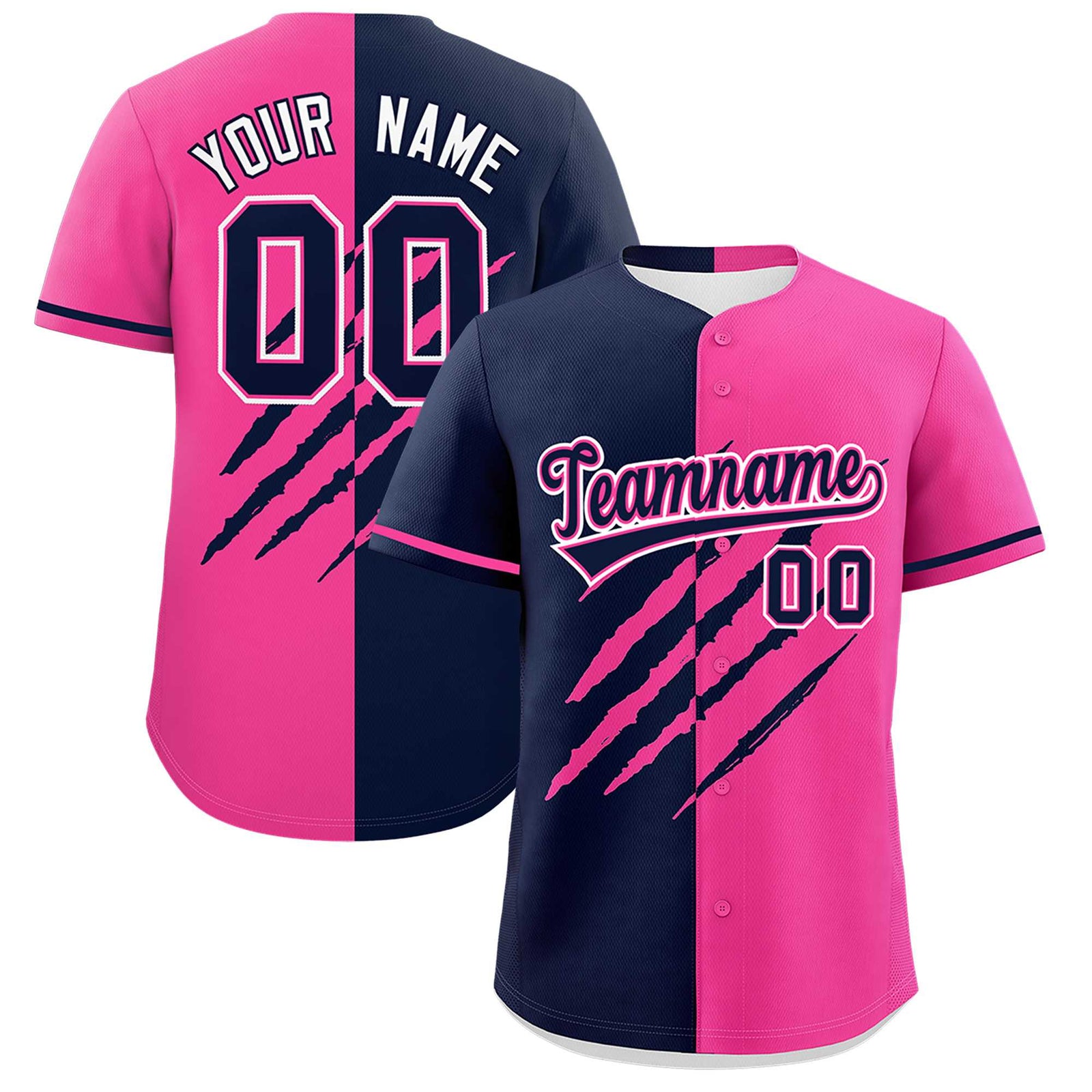 Custom Navy Pink Split Tiger Claw Scratch Pattern Baseball Jersey