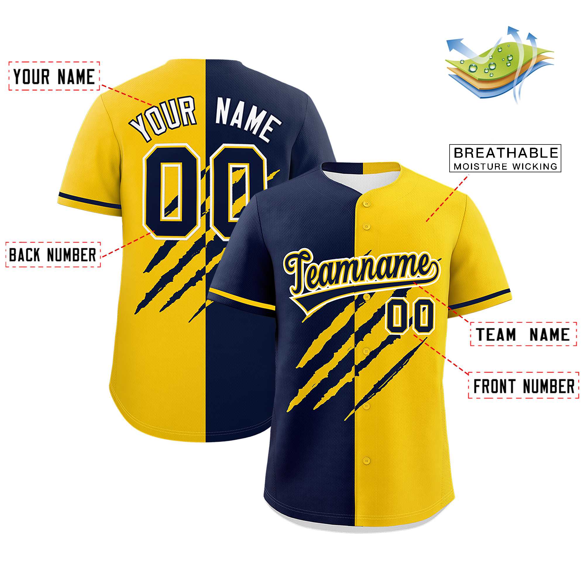 Custom Navy Gold Split Tiger Claw Scratch Pattern Baseball Jersey