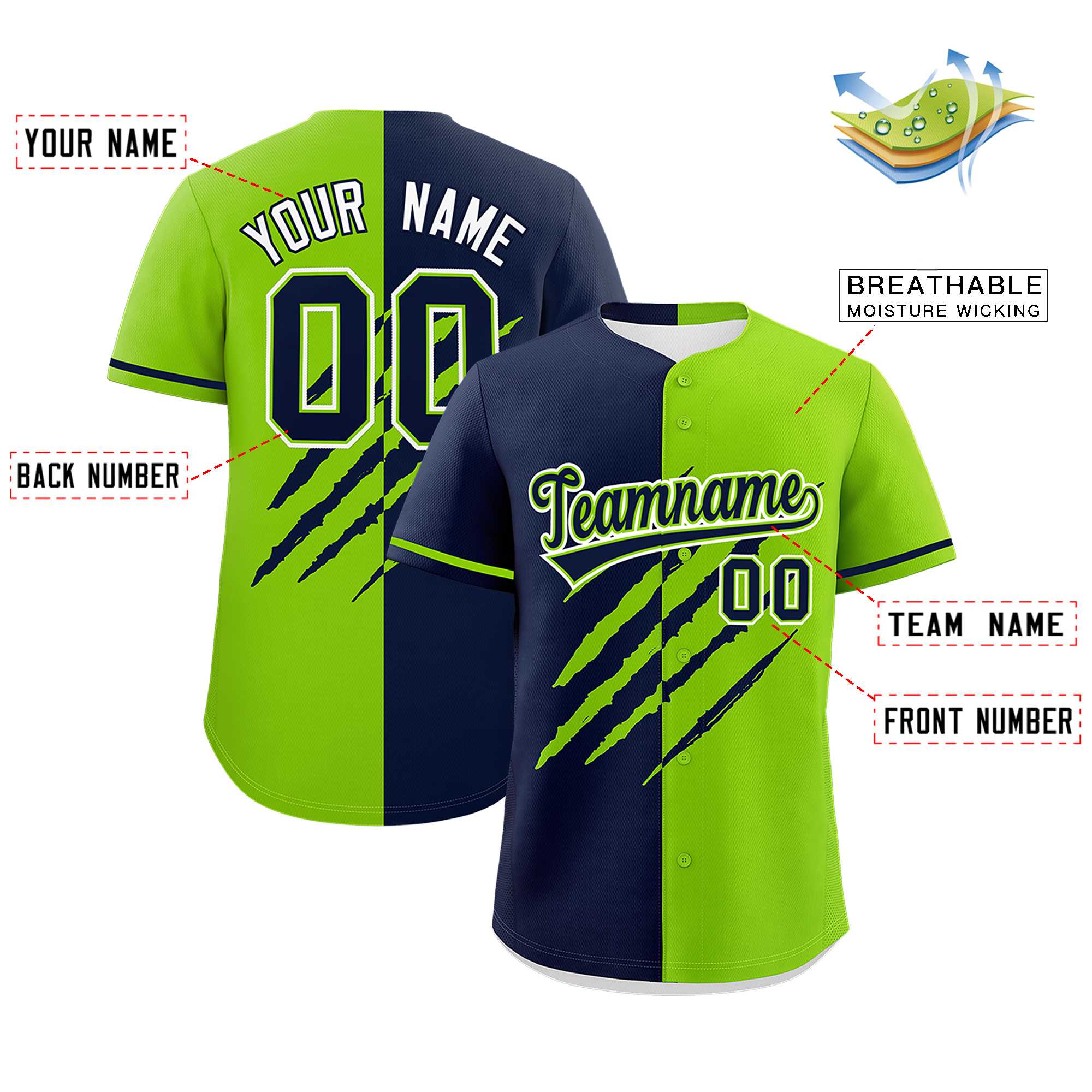 Custom Navy Neon Green Split Tiger Claw Scratch Pattern Baseball Jersey