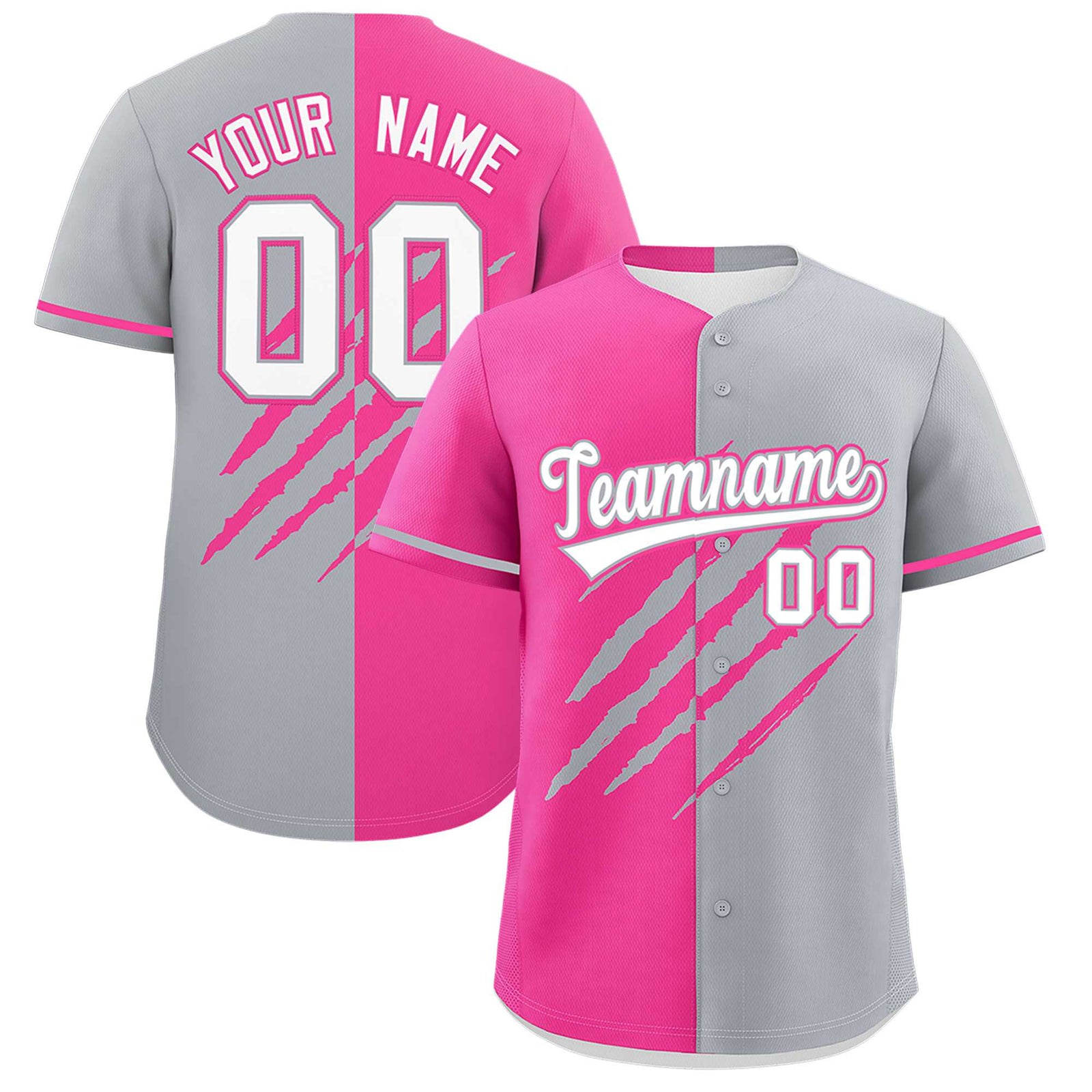 Custom Pink Gray Split Tiger Claw Scratch Pattern Baseball Jersey