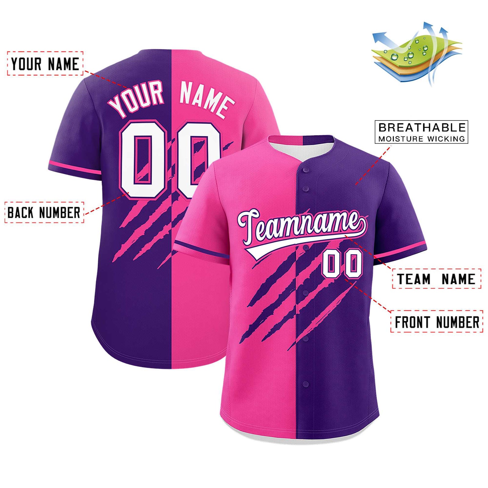 Custom Pink Purple Split Tiger Claw Scratch Pattern Baseball Jersey