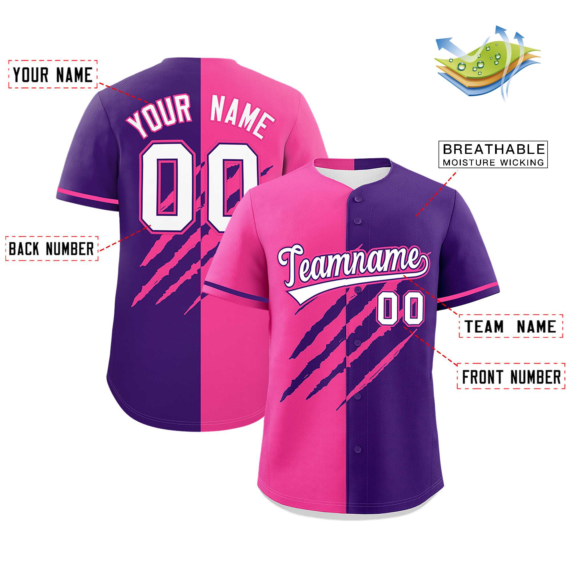 Custom Pink Purple Split Tiger Claw Scratch Pattern Baseball Jersey