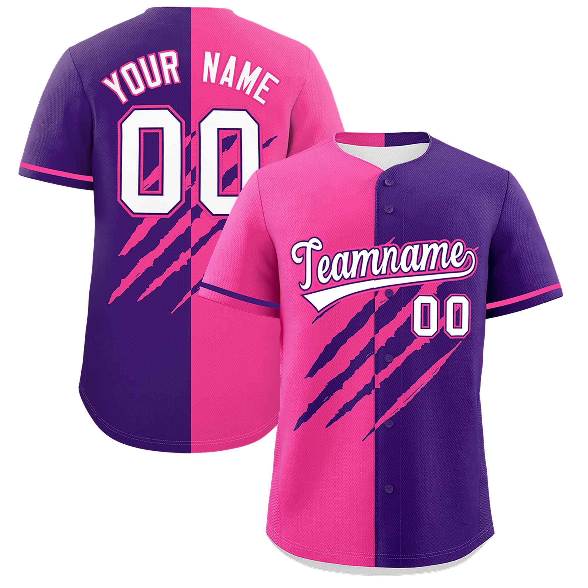 Custom Pink Purple Split Tiger Claw Scratch Pattern Baseball Jersey