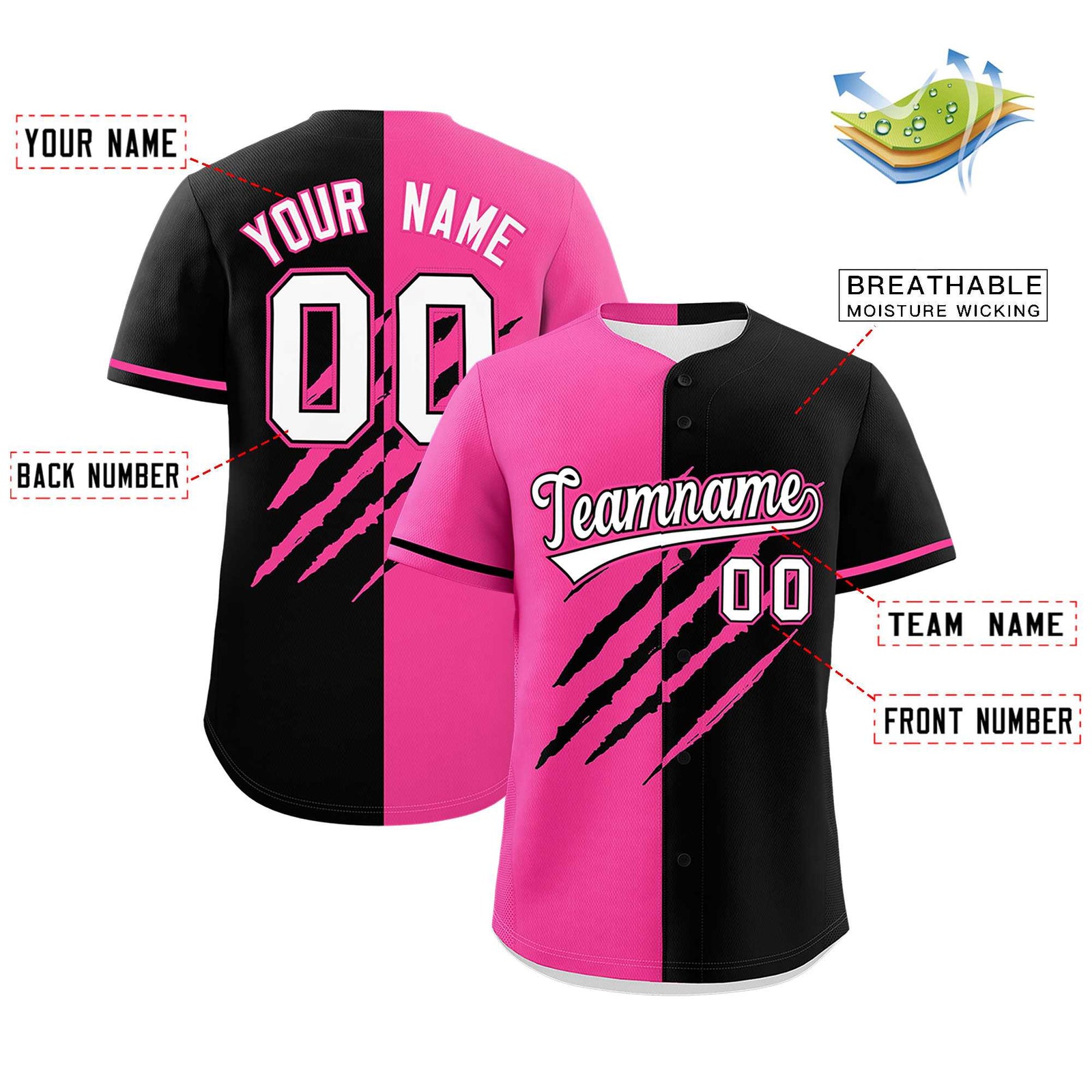 Custom Pink Black Split Tiger Claw Scratch Pattern Baseball Jersey