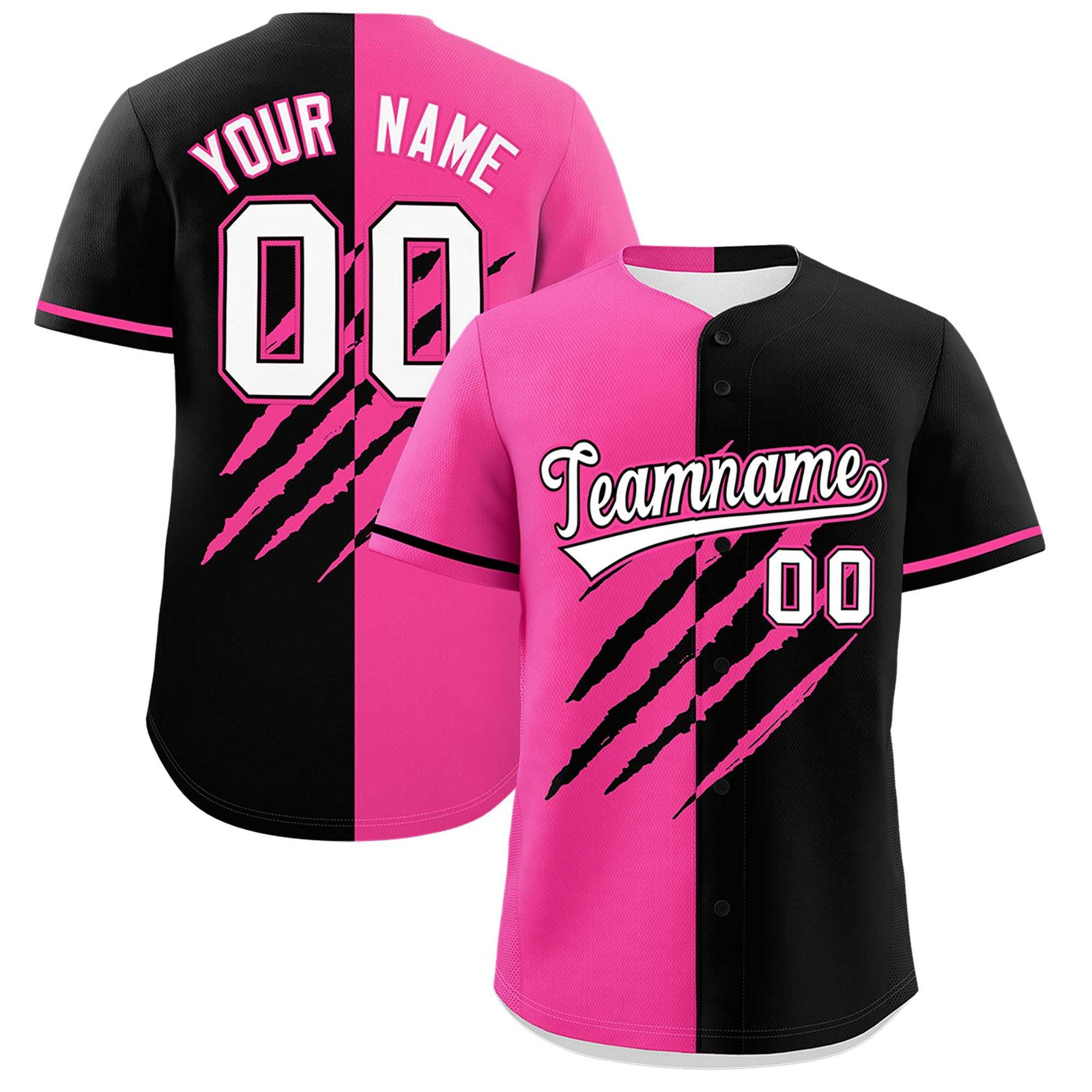 Custom Pink Black Split Tiger Claw Scratch Pattern Baseball Jersey