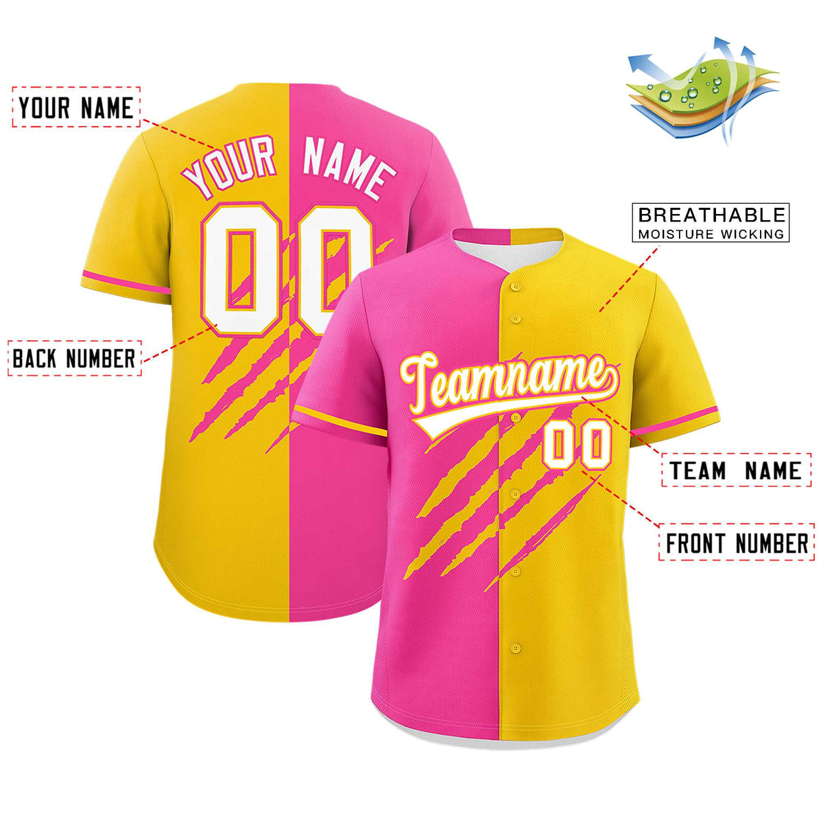 Custom Pink Gold Split Tiger Claw Scratch Pattern Baseball Jersey