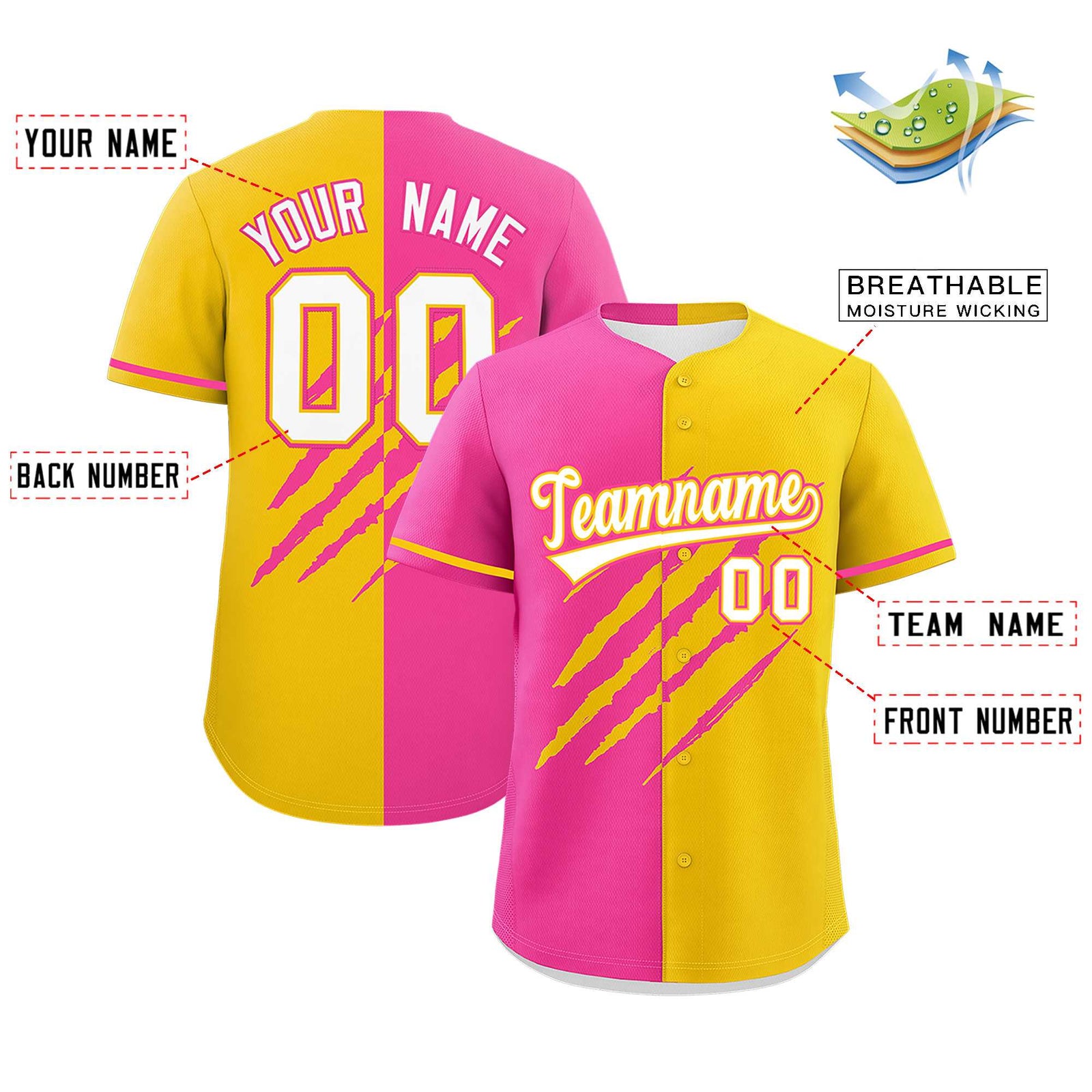 Custom Pink Gold Split Tiger Claw Scratch Pattern Baseball Jersey