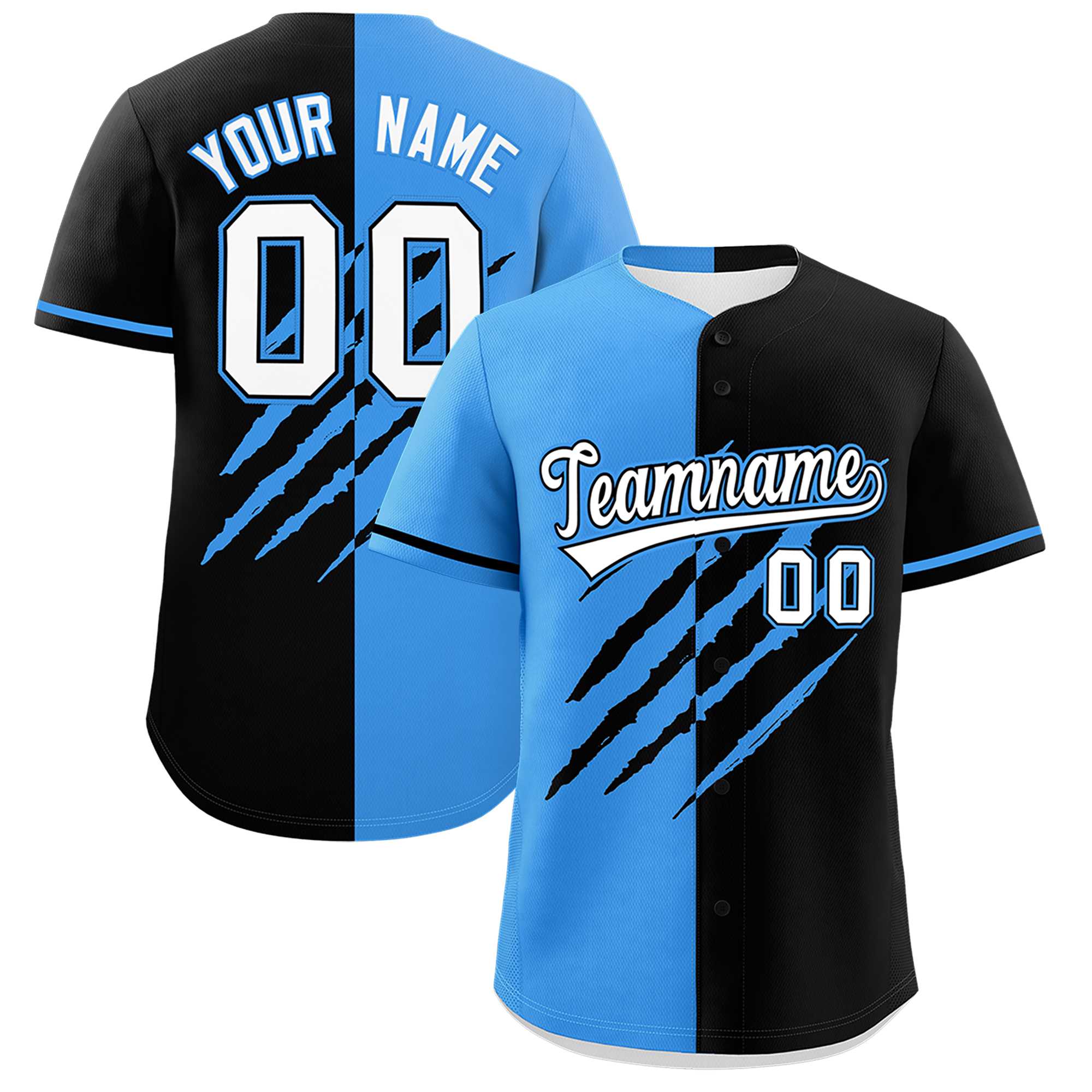Custom Powder Blue Black Split Tiger Claw Scratch Pattern Baseball Jersey