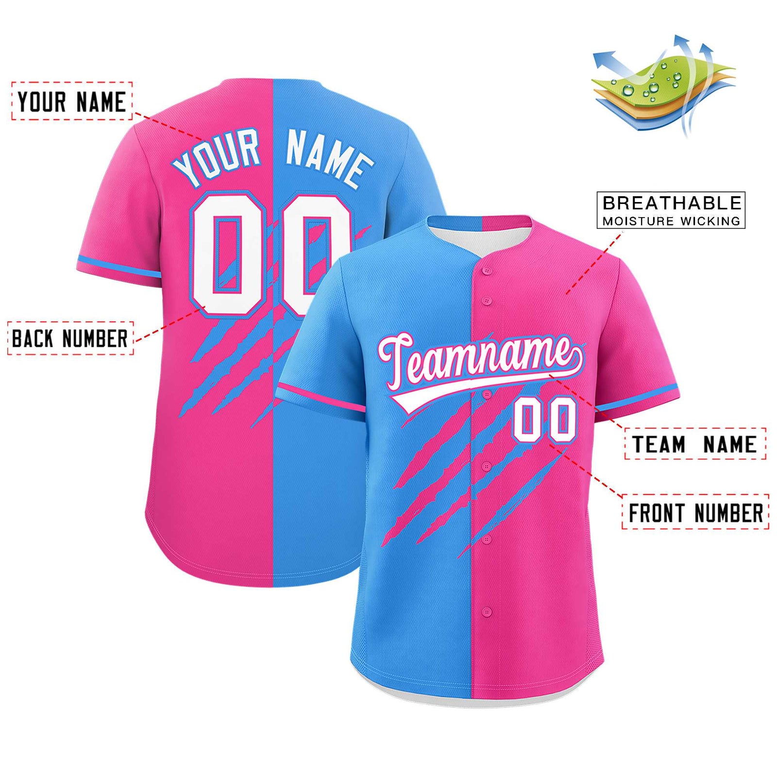 Custom Powder Blue Pink Split Tiger Claw Scratch Pattern Baseball Jersey