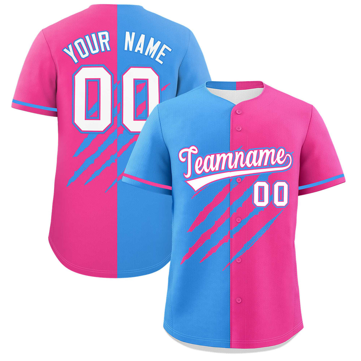 Custom Powder Blue Pink Split Tiger Claw Scratch Pattern Baseball Jersey