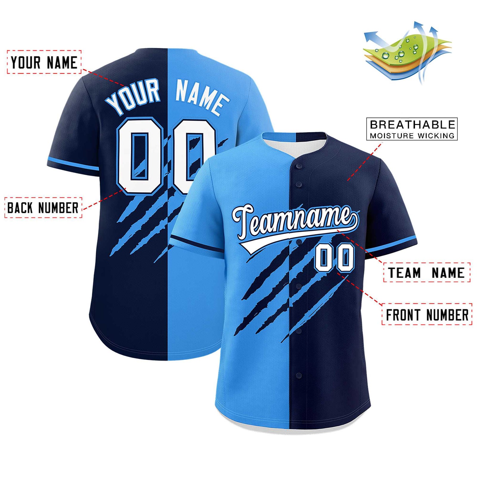 Custom Powder Blue Navy Split Tiger Claw Scratch Pattern Baseball Jersey