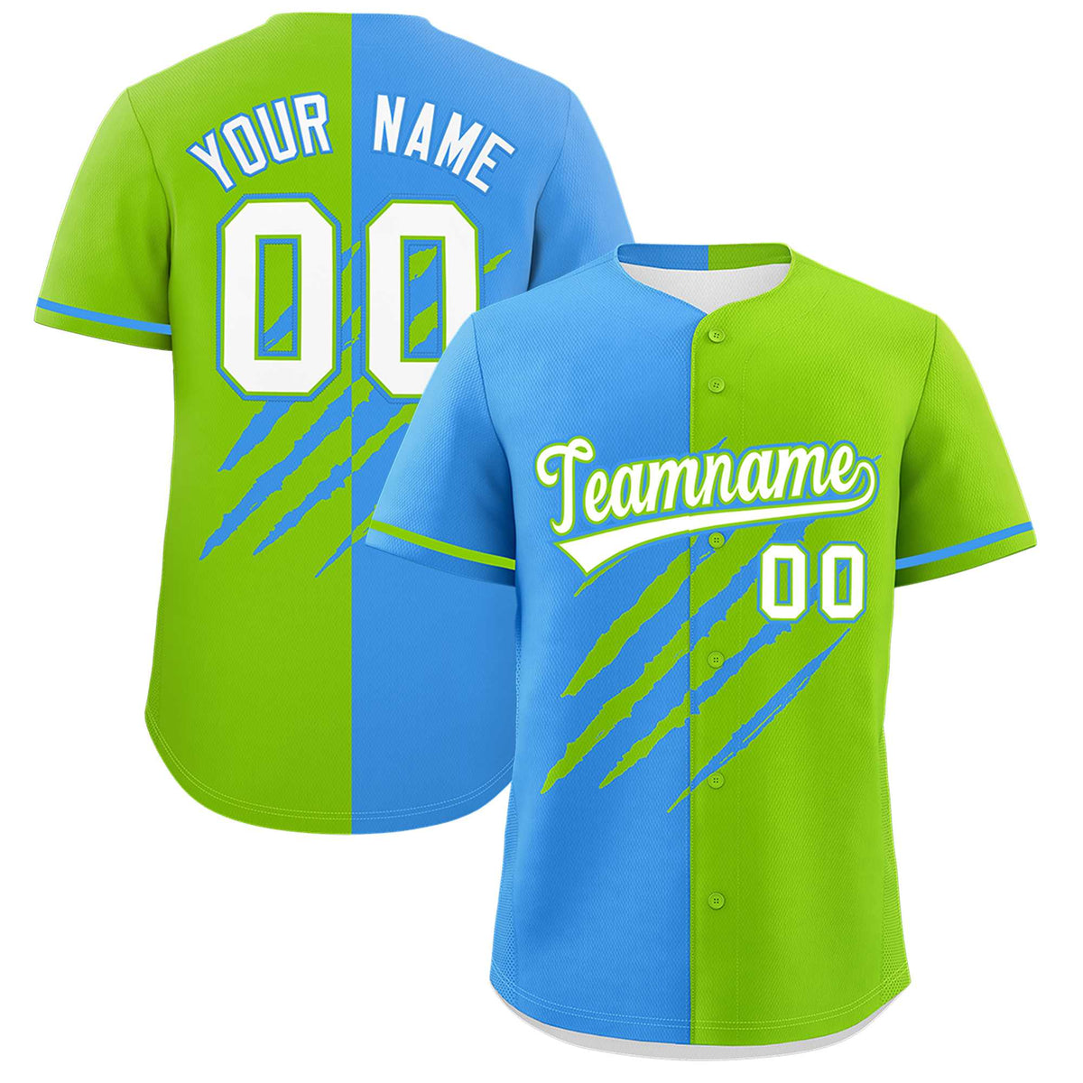Custom Powder Blue Neon Green Split Tiger Claw Scratch Pattern Baseball Jersey