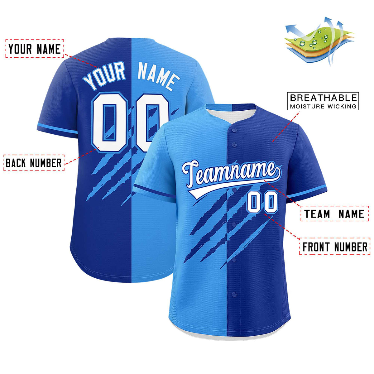 Custom Powder Blue Royal Blue Split Tiger Claw Scratch Pattern Baseball Jersey