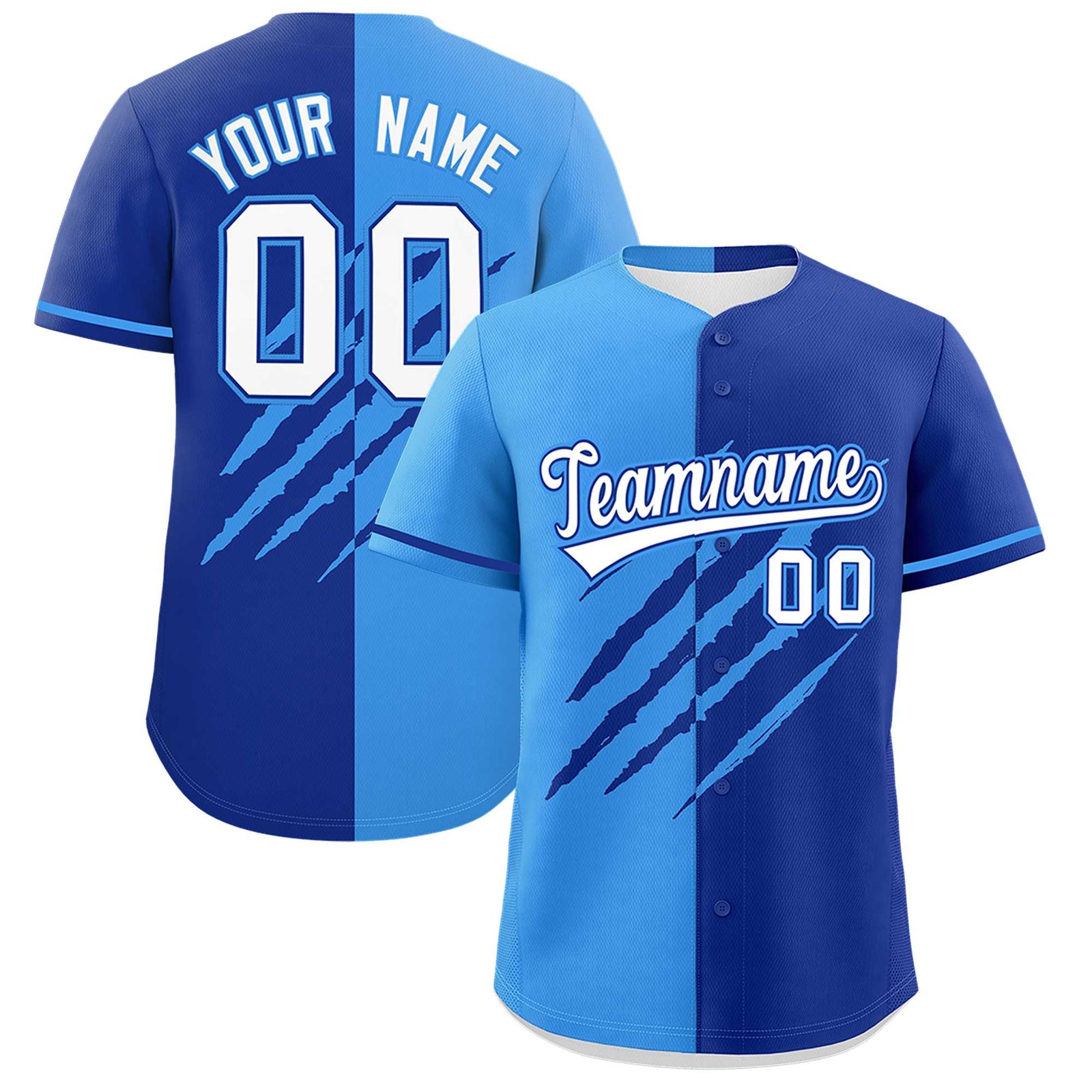 Custom Powder Blue Royal Blue Split Tiger Claw Scratch Pattern Baseball Jersey
