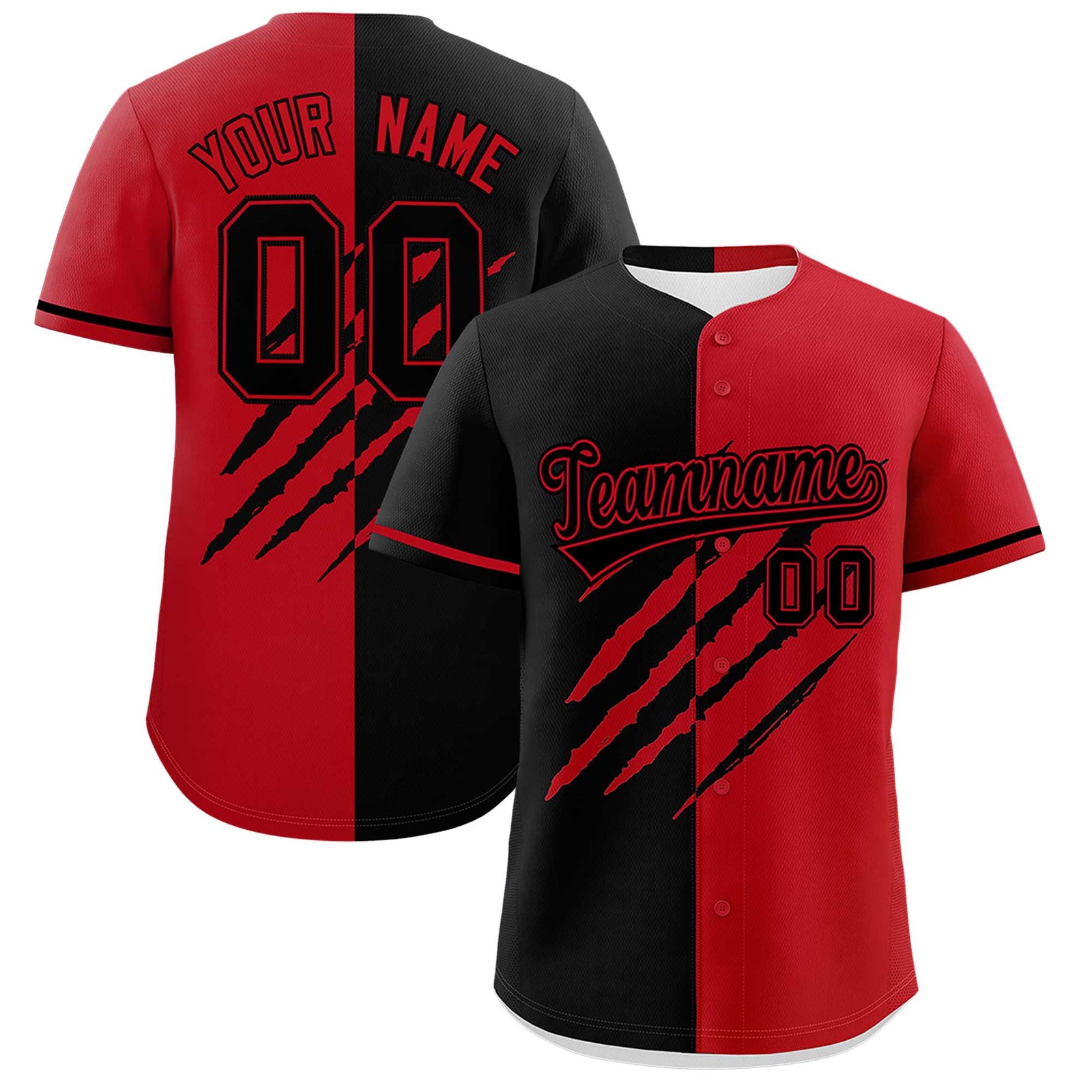 Custom Black Red Split Tiger Claw Scratch Pattern Baseball Jersey
