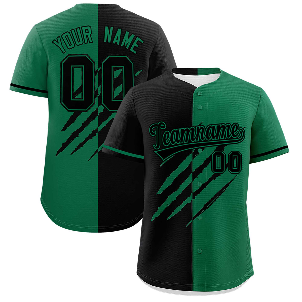 Custom Black Kelly Green Split Tiger Claw Scratch Pattern Baseball Jersey