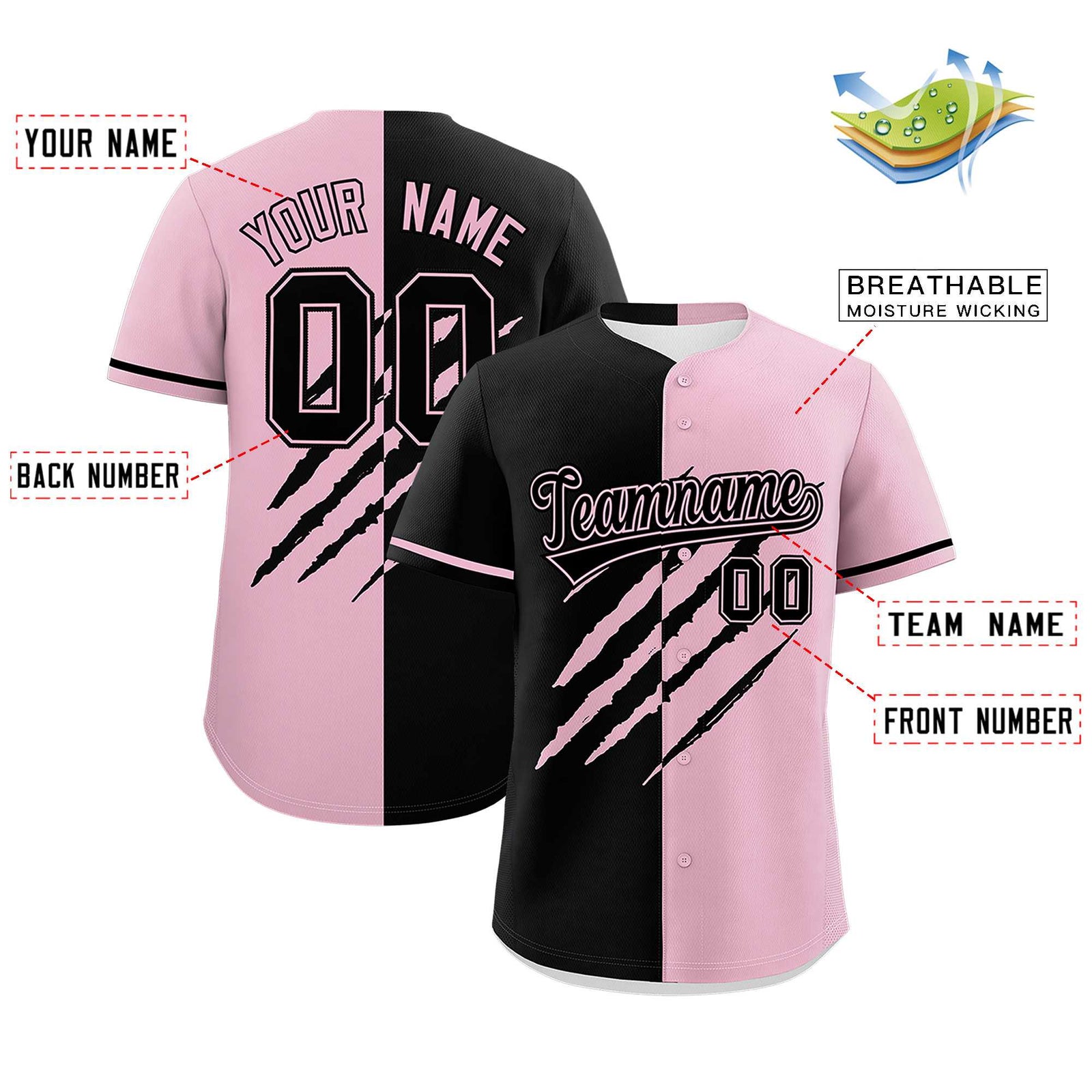 Custom Black Light Pink Split Tiger Claw Scratch Pattern Baseball Jersey