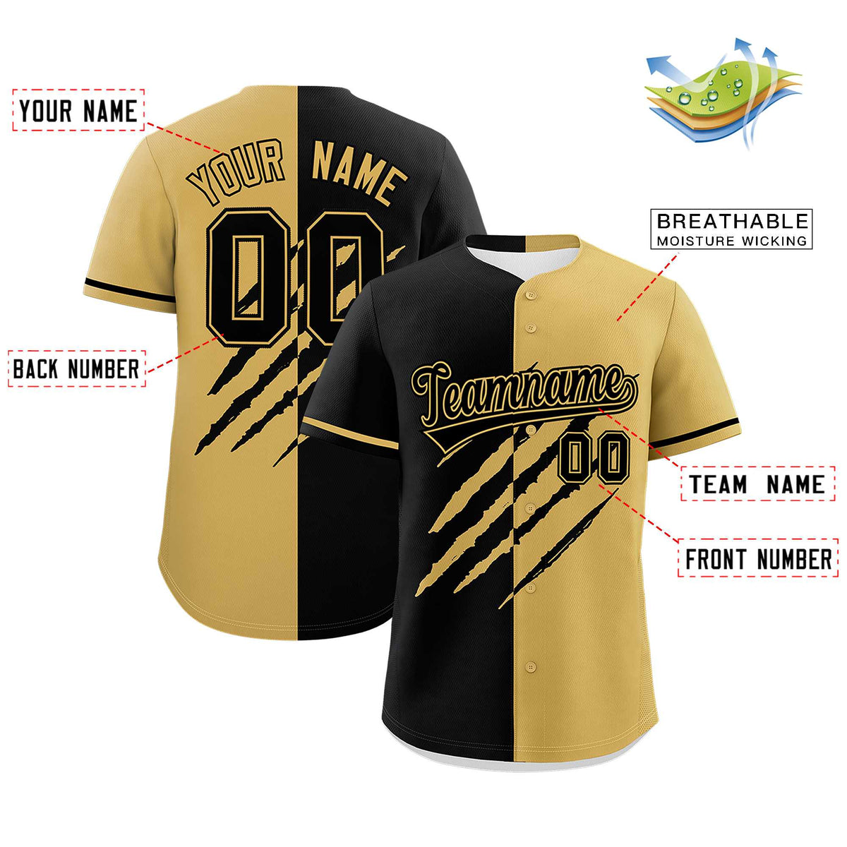 Custom Black Old Gold Split Tiger Claw Scratch Pattern Baseball Jersey