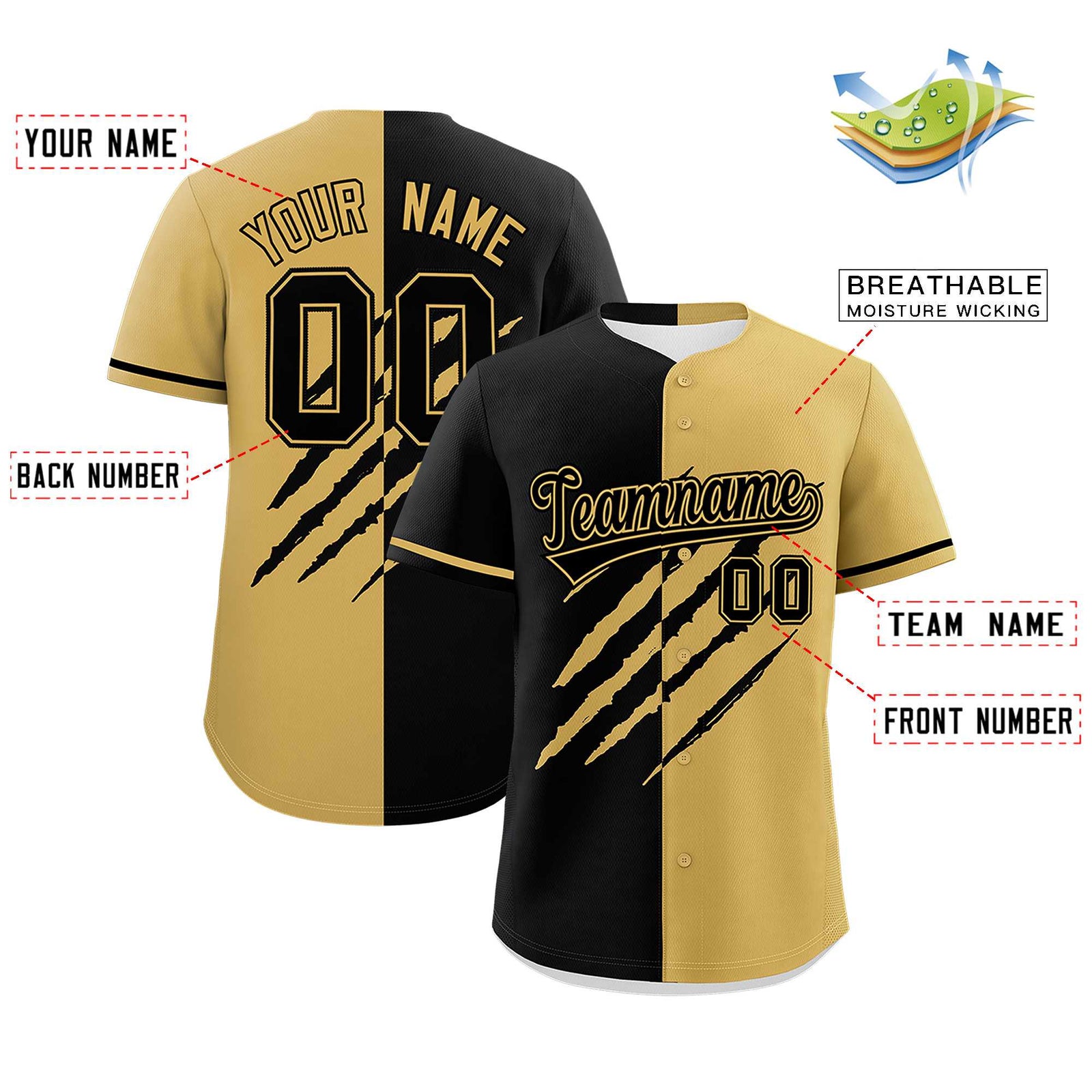 Custom Black Old Gold Split Tiger Claw Scratch Pattern Baseball Jersey