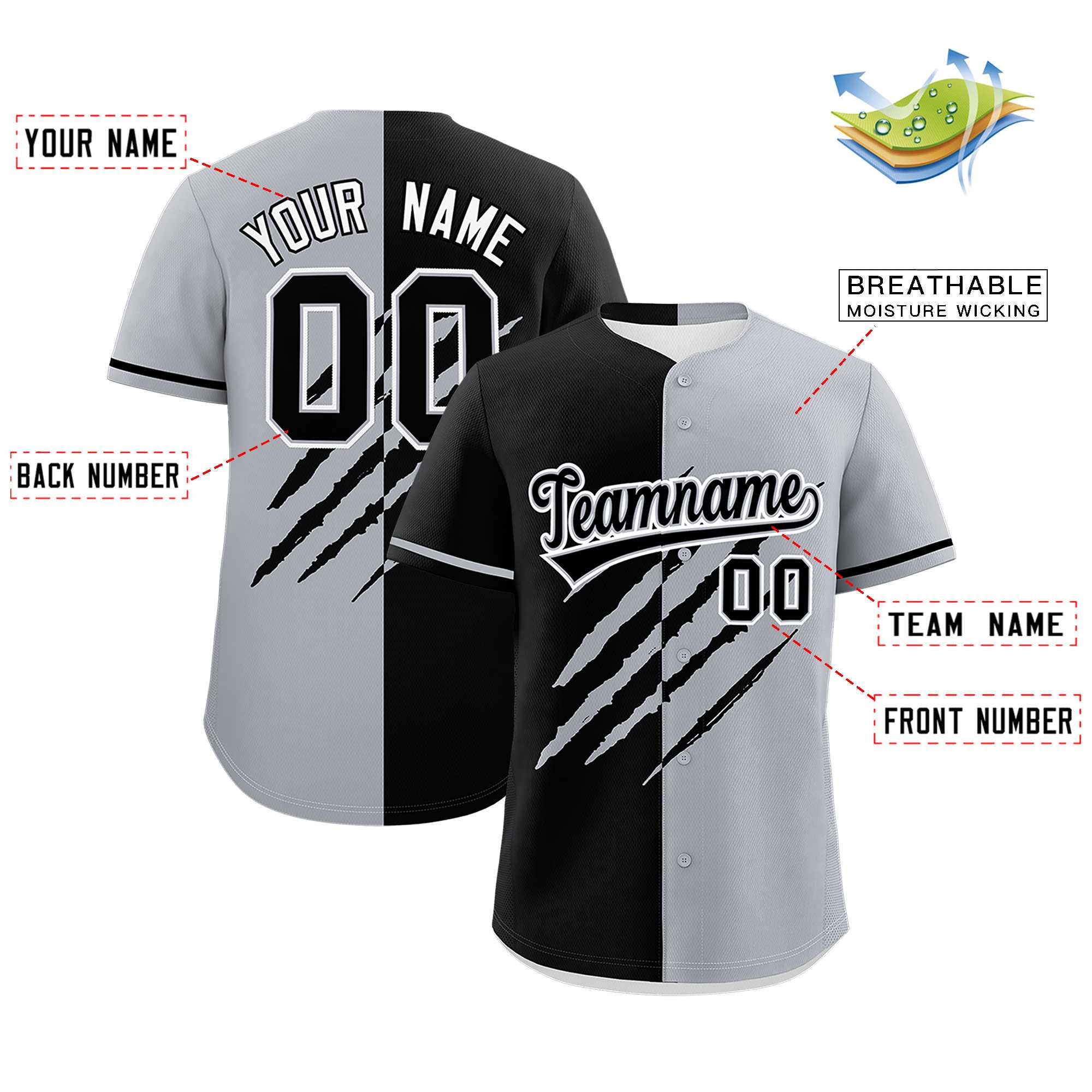 Custom Black Gray Split Tiger Claw Scratch Pattern Baseball Jersey