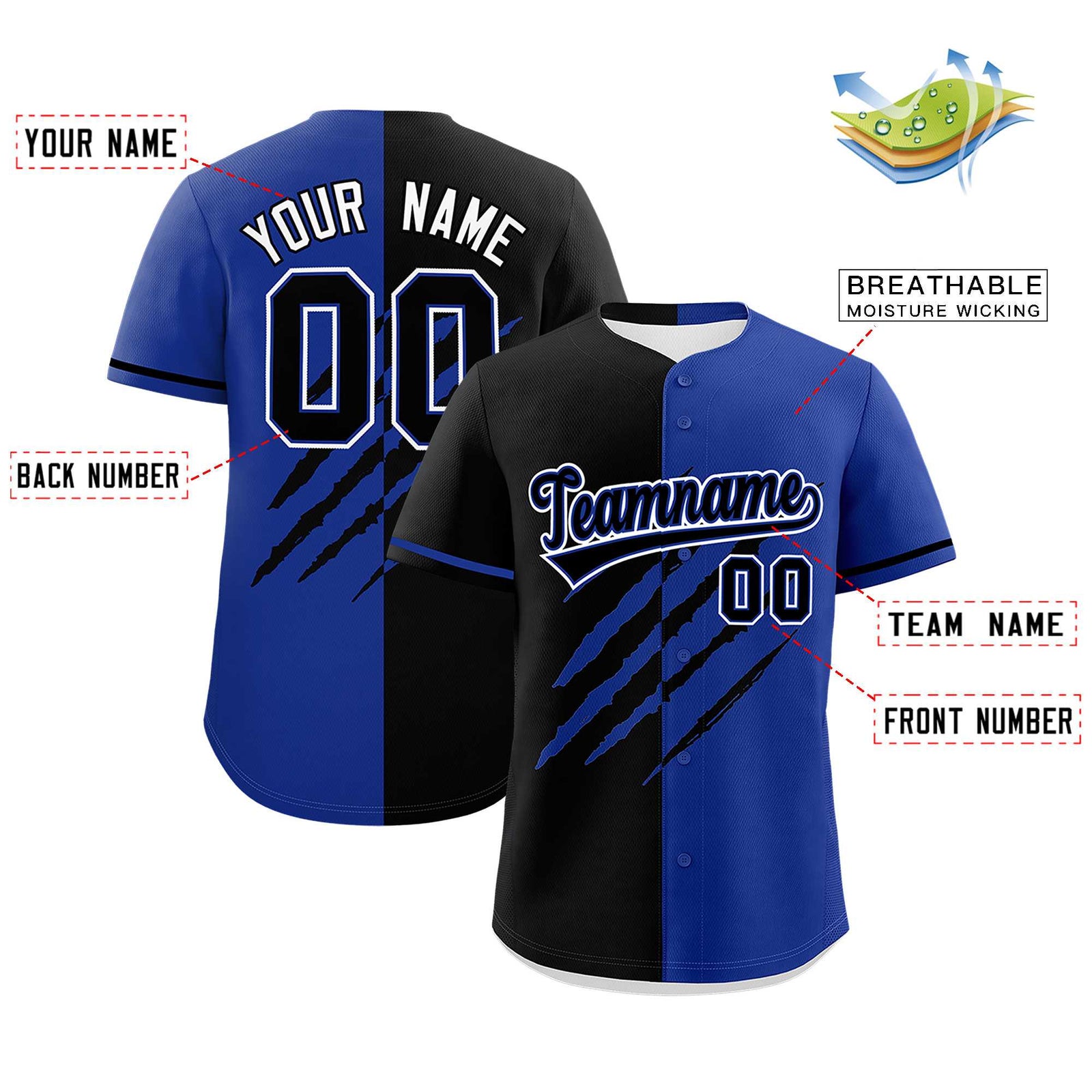 Custom Black Royal Blue Split Tiger Claw Scratch Pattern Baseball Jersey