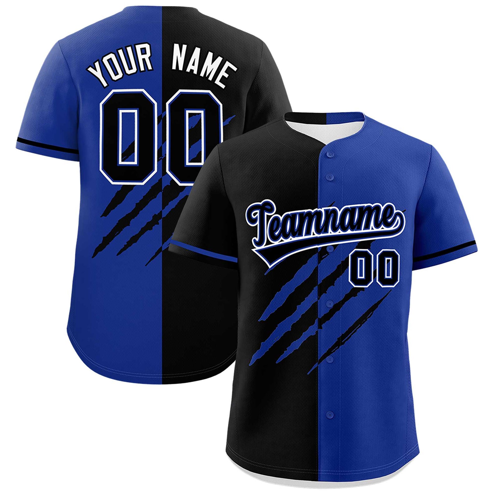 Custom Black Royal Blue Split Tiger Claw Scratch Pattern Baseball Jersey