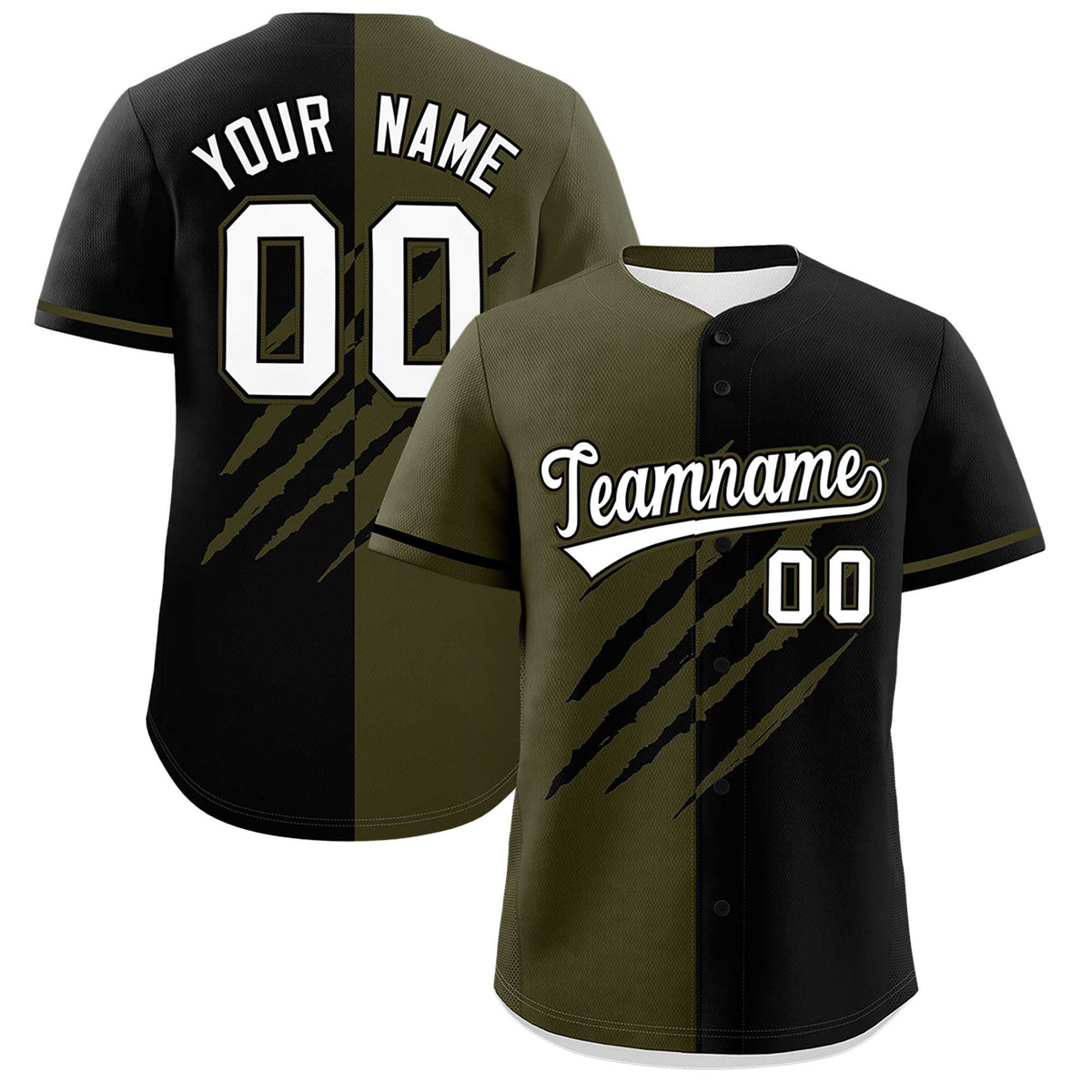 Custom Olive Black Split Tiger Claw Scratch Pattern Baseball Jersey