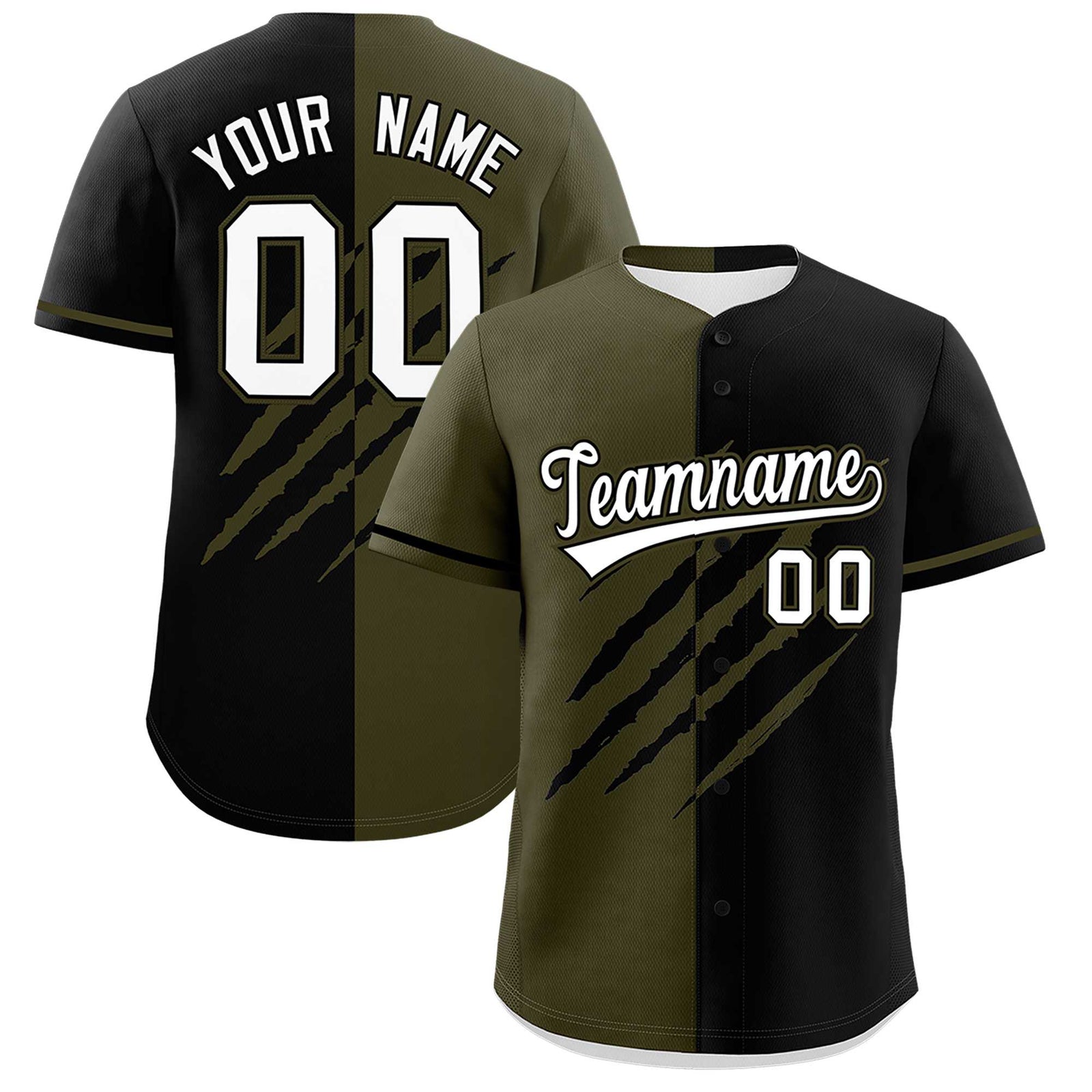 Custom Olive Black Split Tiger Claw Scratch Pattern Baseball Jersey