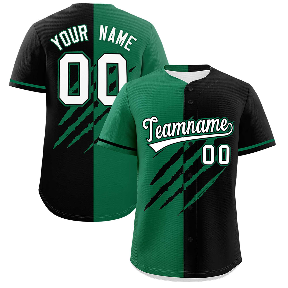 Custom Kelly Green Black Split Tiger Claw Scratch Pattern Baseball Jersey