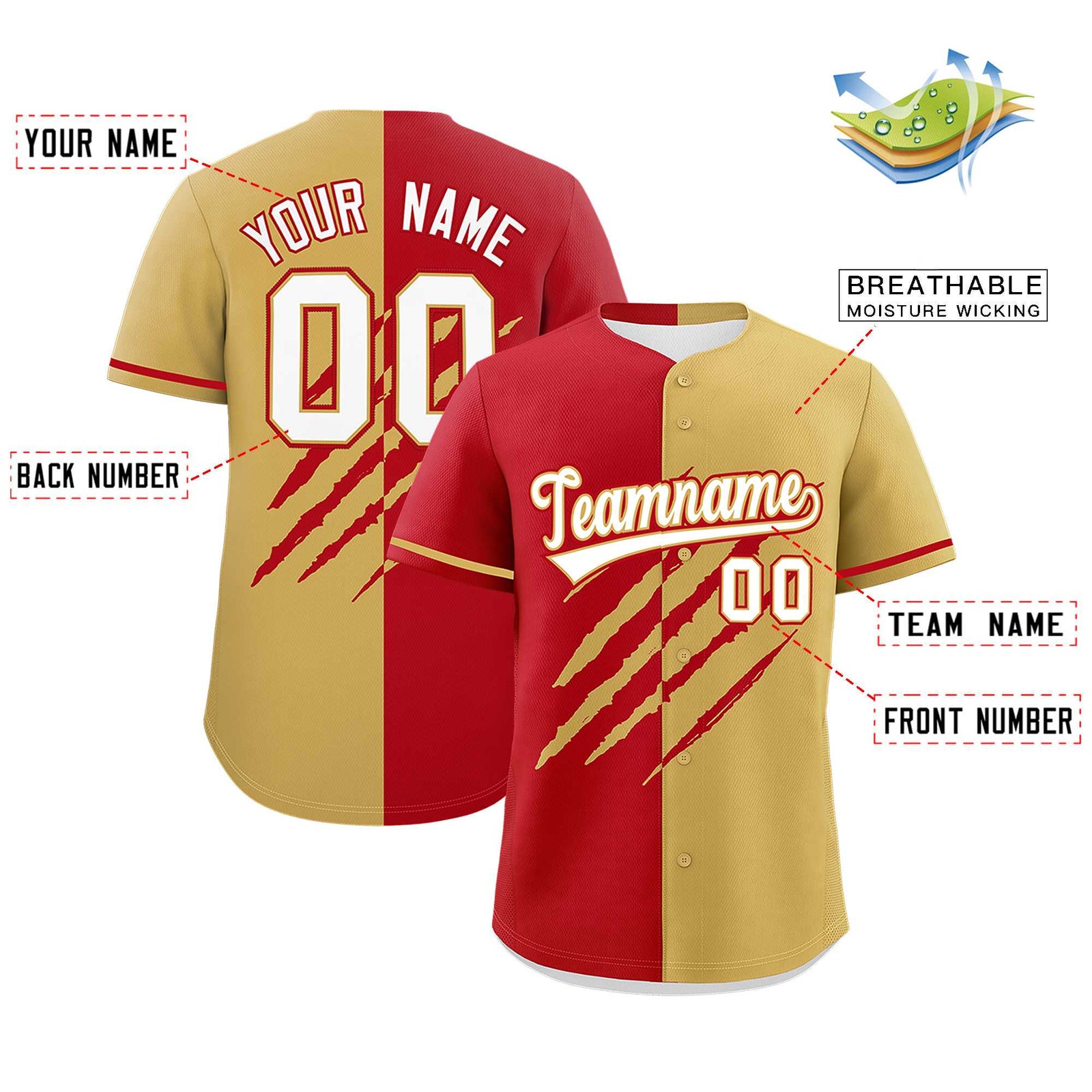 Custom Red Old Gold Split Tiger Claw Scratch Pattern Baseball Jersey