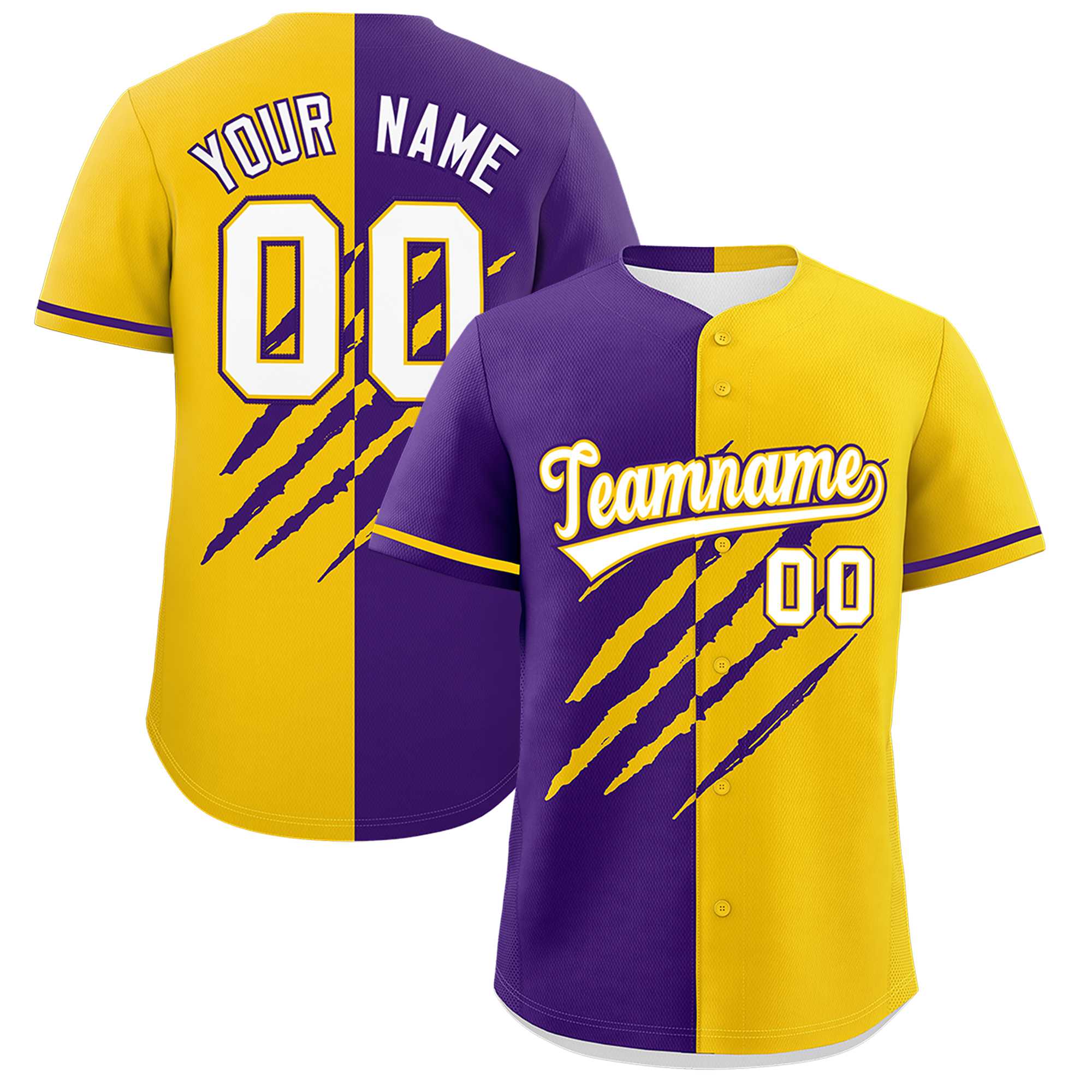 Custom Purple Gold Split Tiger Claw Scratch Pattern Baseball Jersey