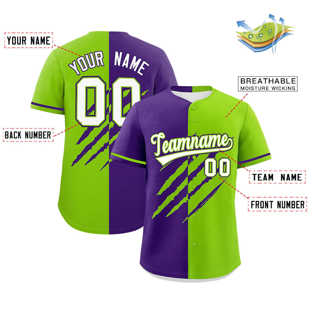 Custom Purple Neon Green Split Tiger Claw Scratch Pattern Baseball Jersey