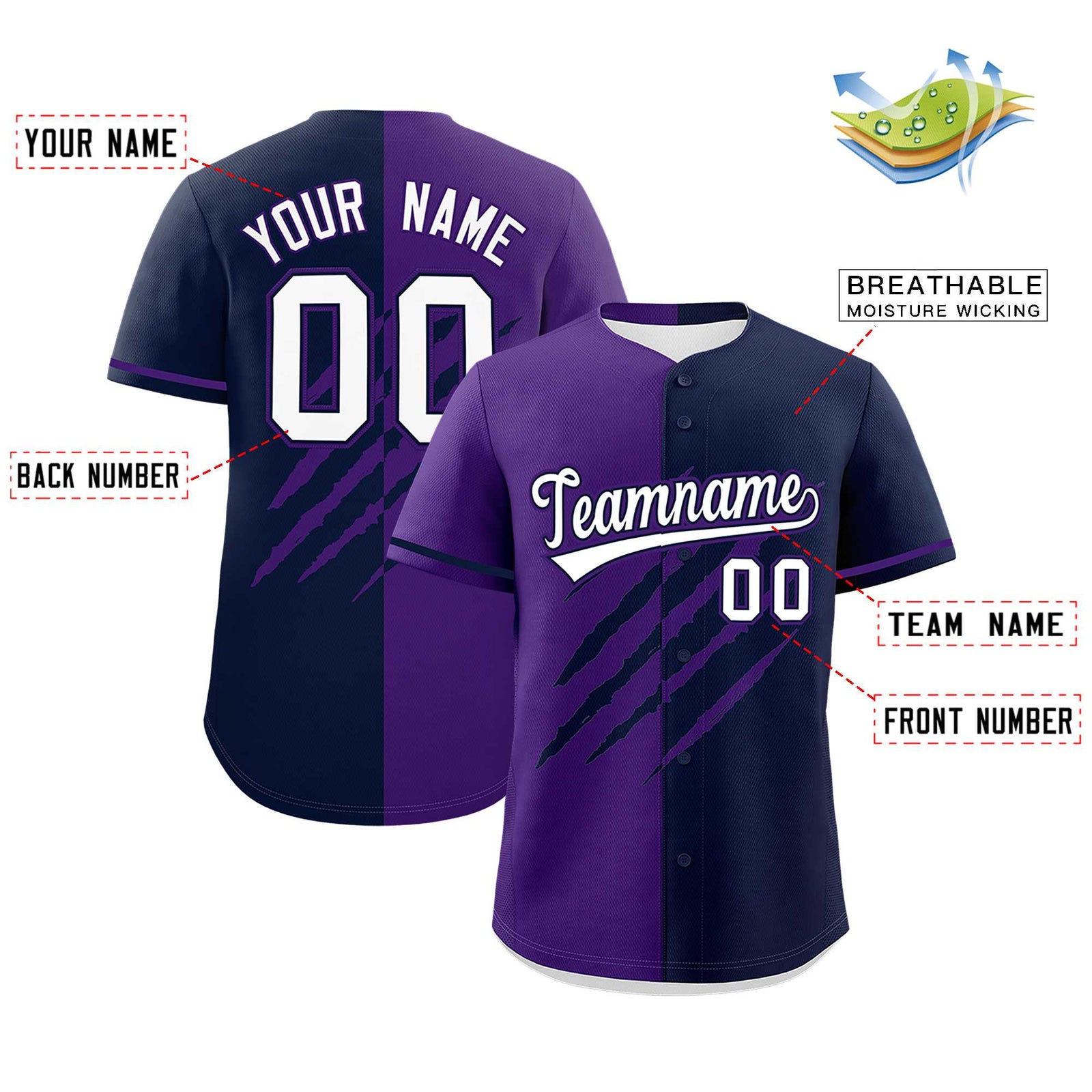 Custom Purple Navy Split Tiger Claw Scratch Pattern Baseball Jersey