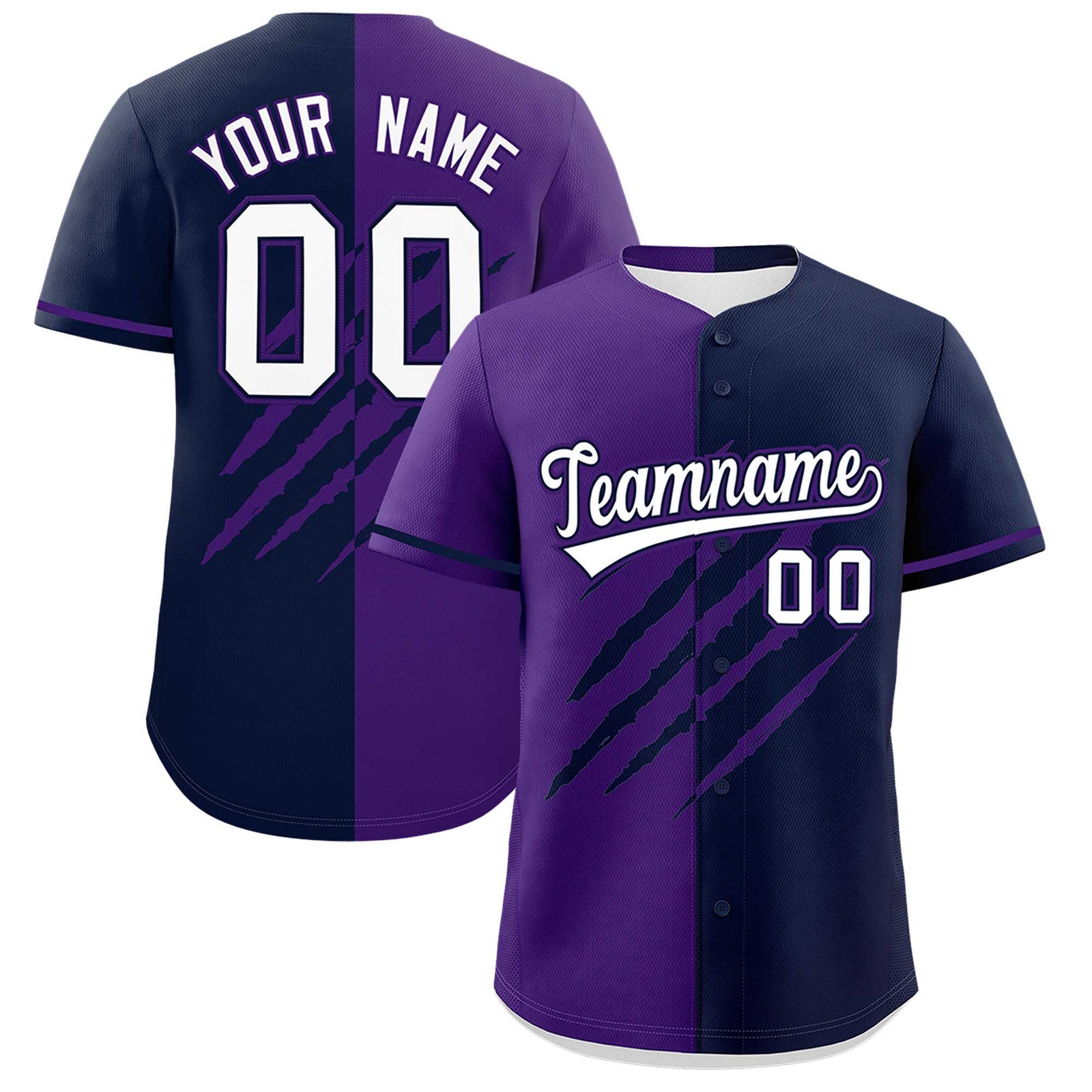 Custom Purple Navy Split Tiger Claw Scratch Pattern Baseball Jersey