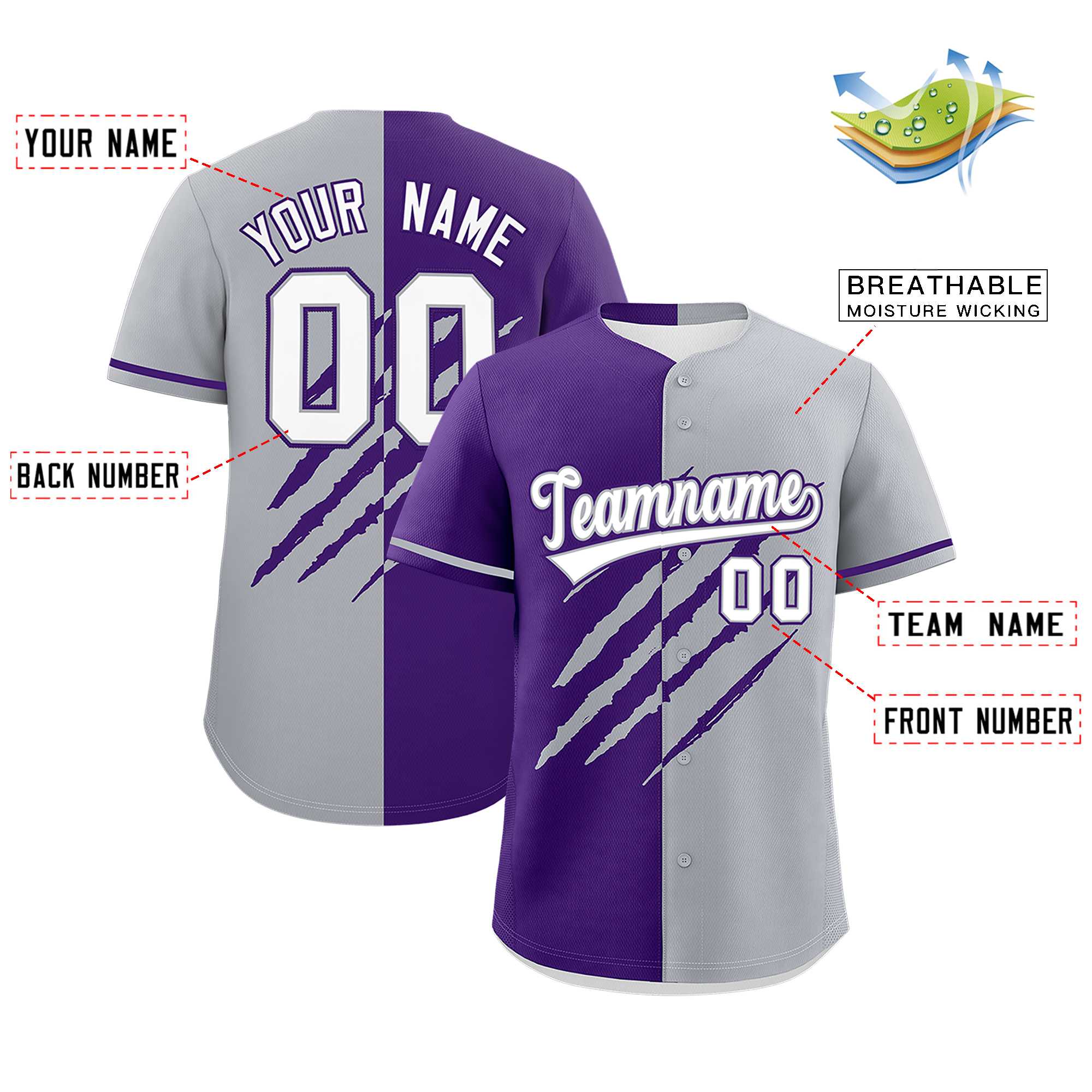 Custom Purple Gray Split Tiger Claw Scratch Pattern Baseball Jersey