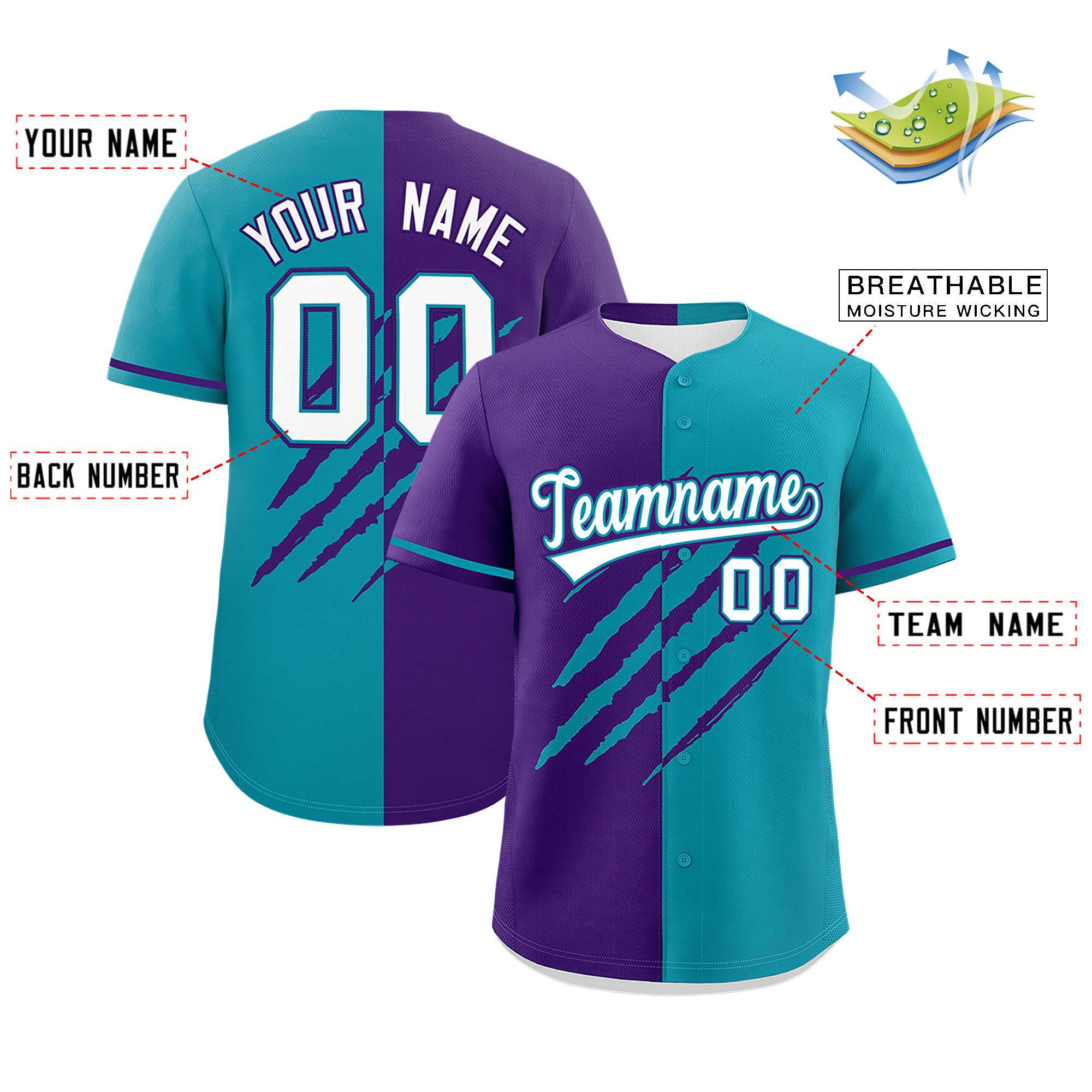 Custom Purple Teal Split Tiger Claw Scratch Pattern Baseball Jersey
