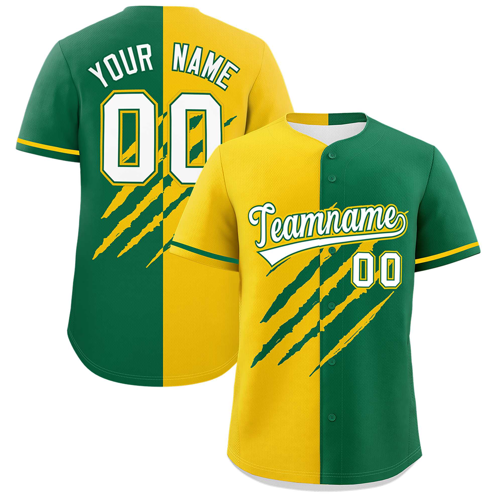 Custom Gold Kelly Green Split Tiger Claw Scratch Pattern Baseball Jersey