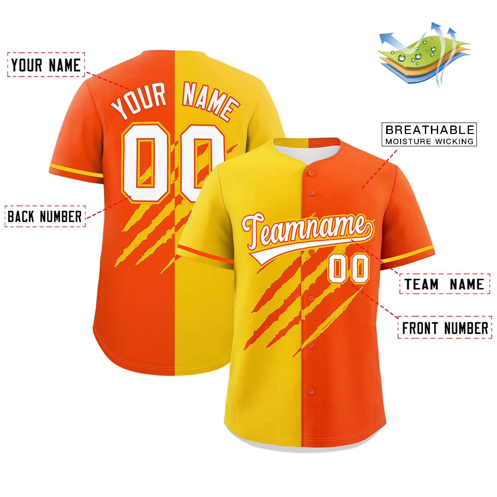 Custom Gold Orange Split Tiger Claw Scratch Pattern Baseball Jersey