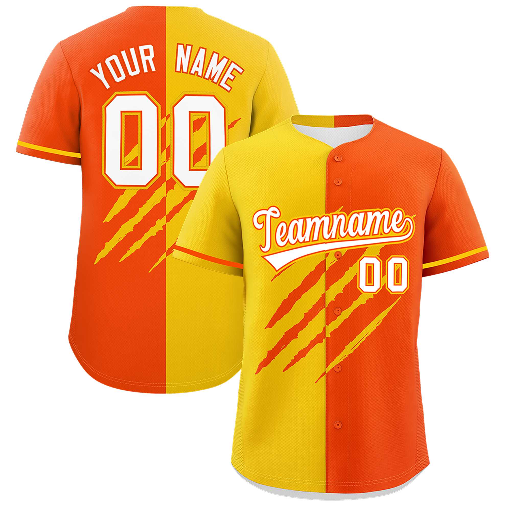 Custom Gold Orange Split Tiger Claw Scratch Pattern Baseball Jersey