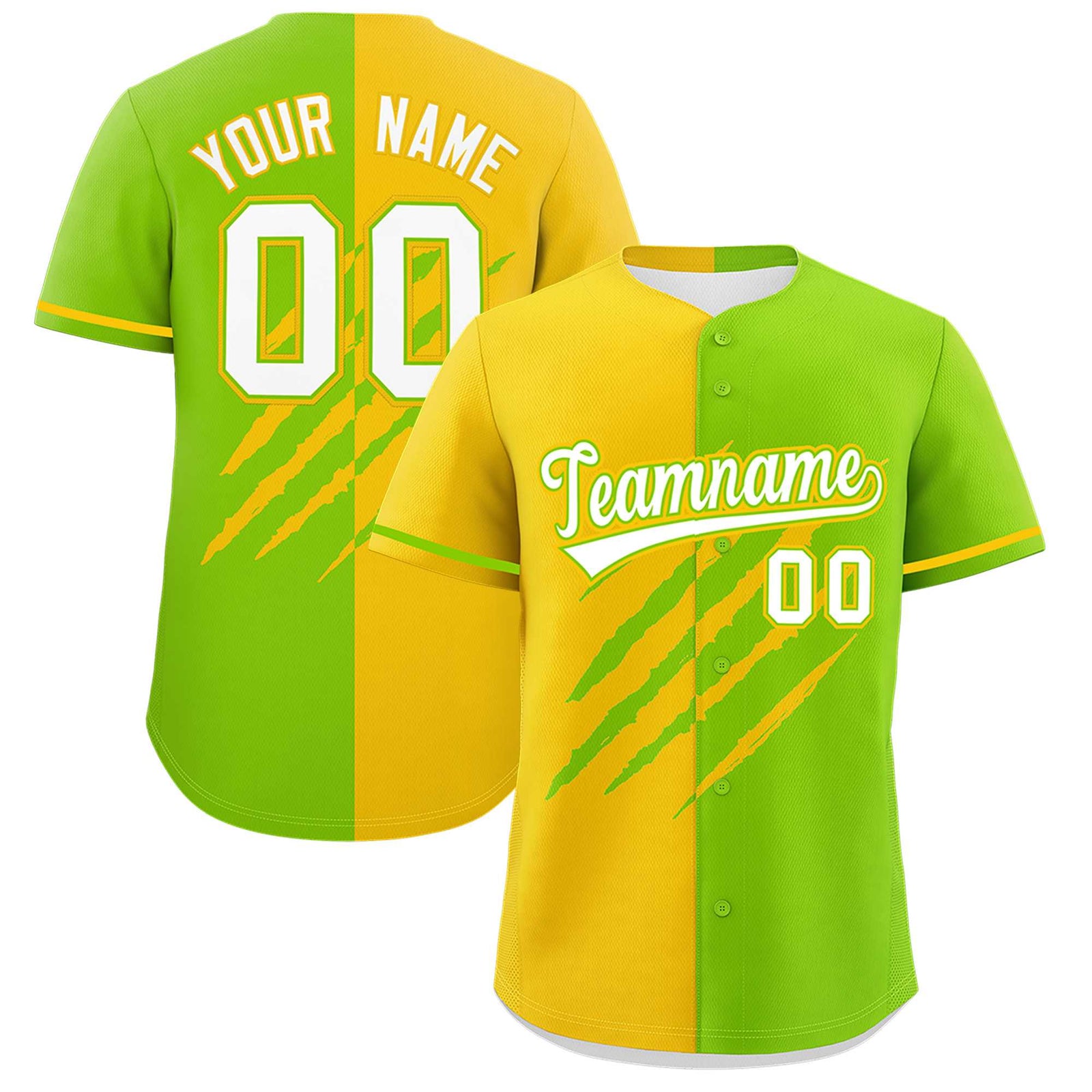 Custom Gold Neon Green Split Tiger Claw Scratch Pattern Baseball Jersey