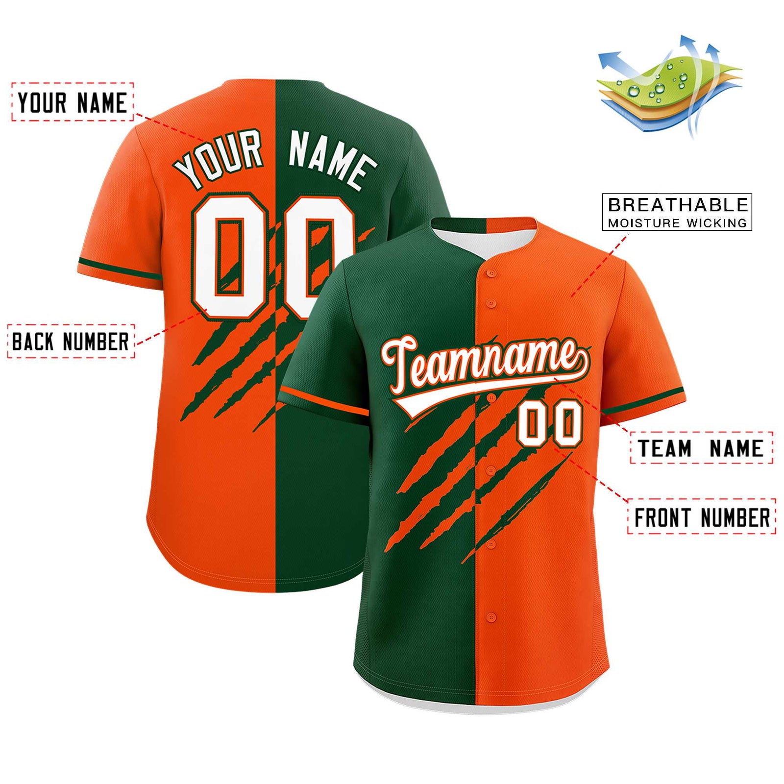 Custom Green Orange Split Tiger Claw Scratch Pattern Baseball Jersey