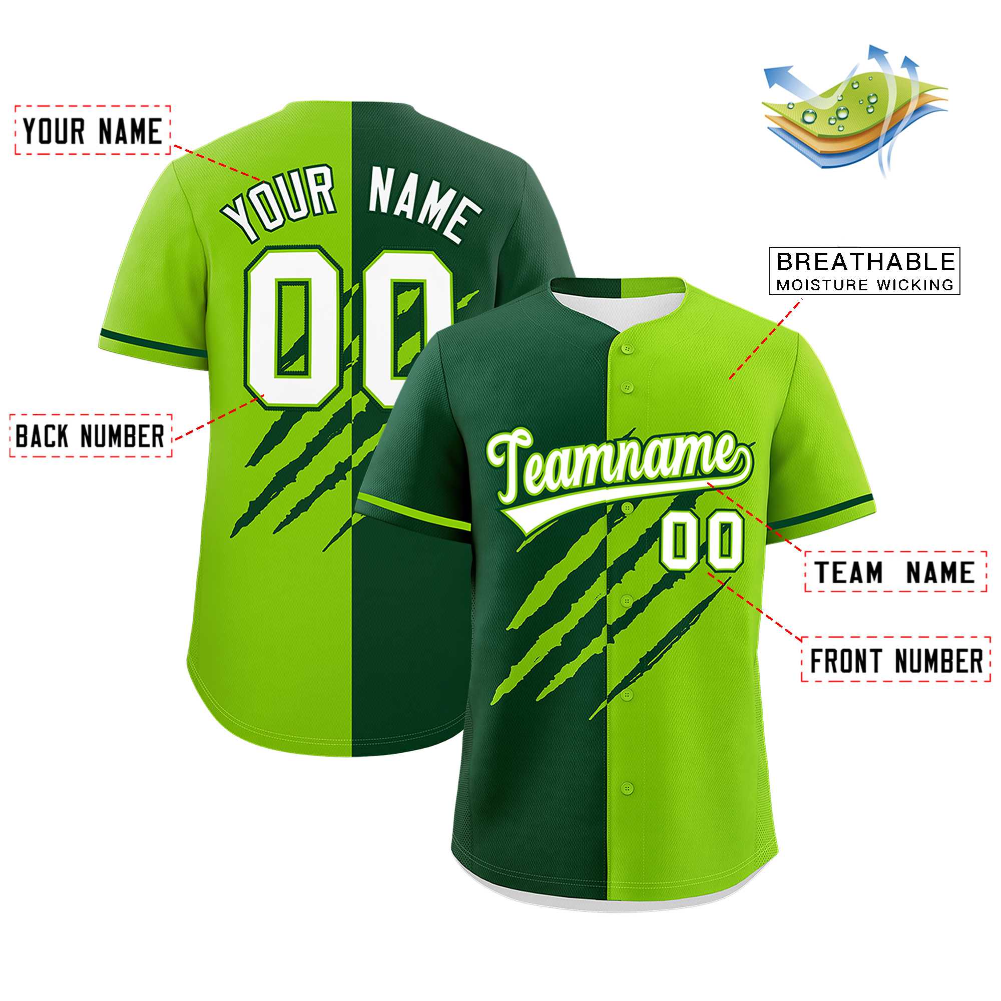 Custom Green Neon Green Split Tiger Claw Scratch Pattern Baseball Jersey
