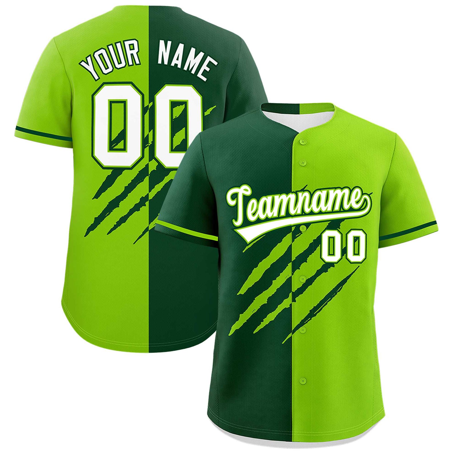 Custom Green Neon Green Split Tiger Claw Scratch Pattern Baseball Jersey