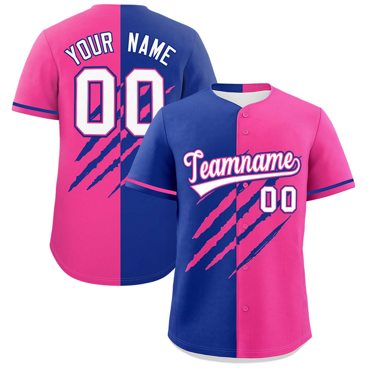 Custom Royal Blue Pink Split Tiger Claw Scratch Pattern Baseball Jersey